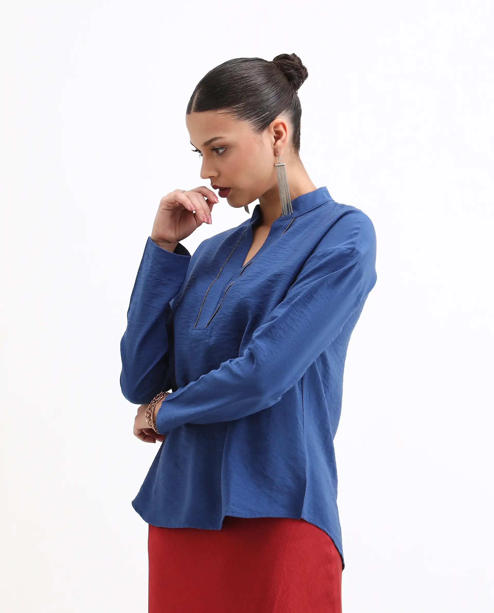 Rareism Women's Nuzif Blue Mandarin Collar Regular Fit Plain Top - Image 5