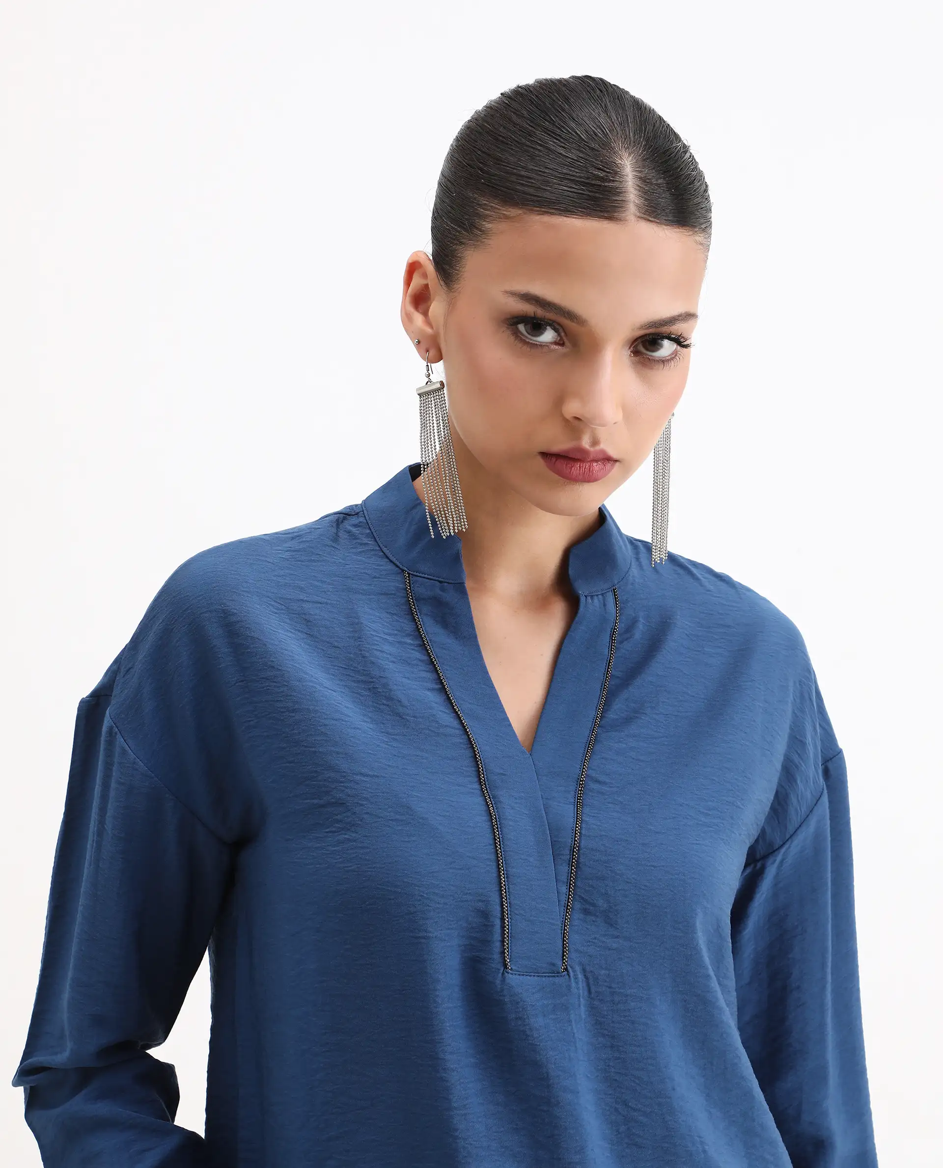 Rareism Women's Nuzif Blue Mandarin Collar Regular Fit Plain Top - Image 6