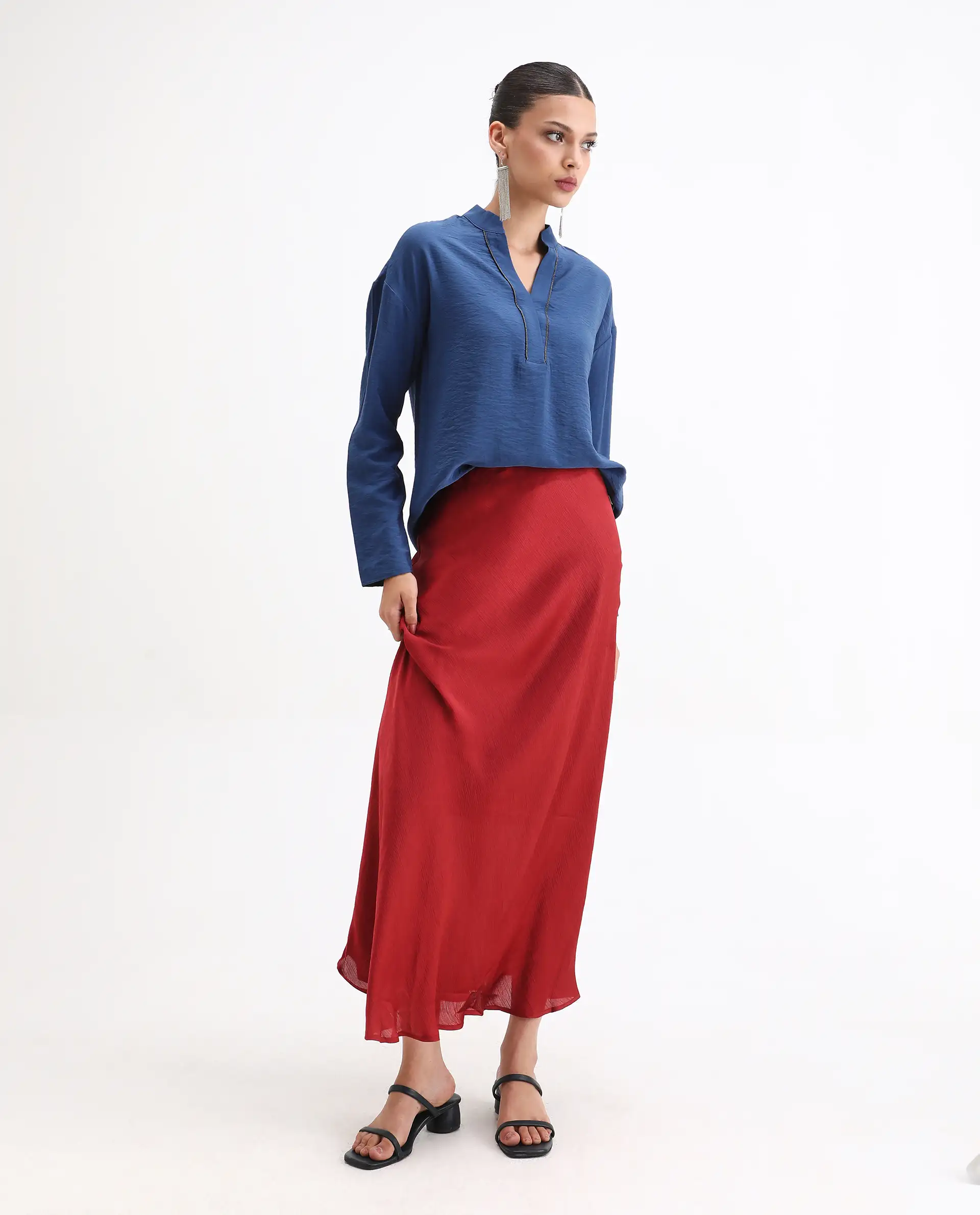 Rareism Women's Nuzif Blue Mandarin Collar Regular Fit Plain Top - Image 7