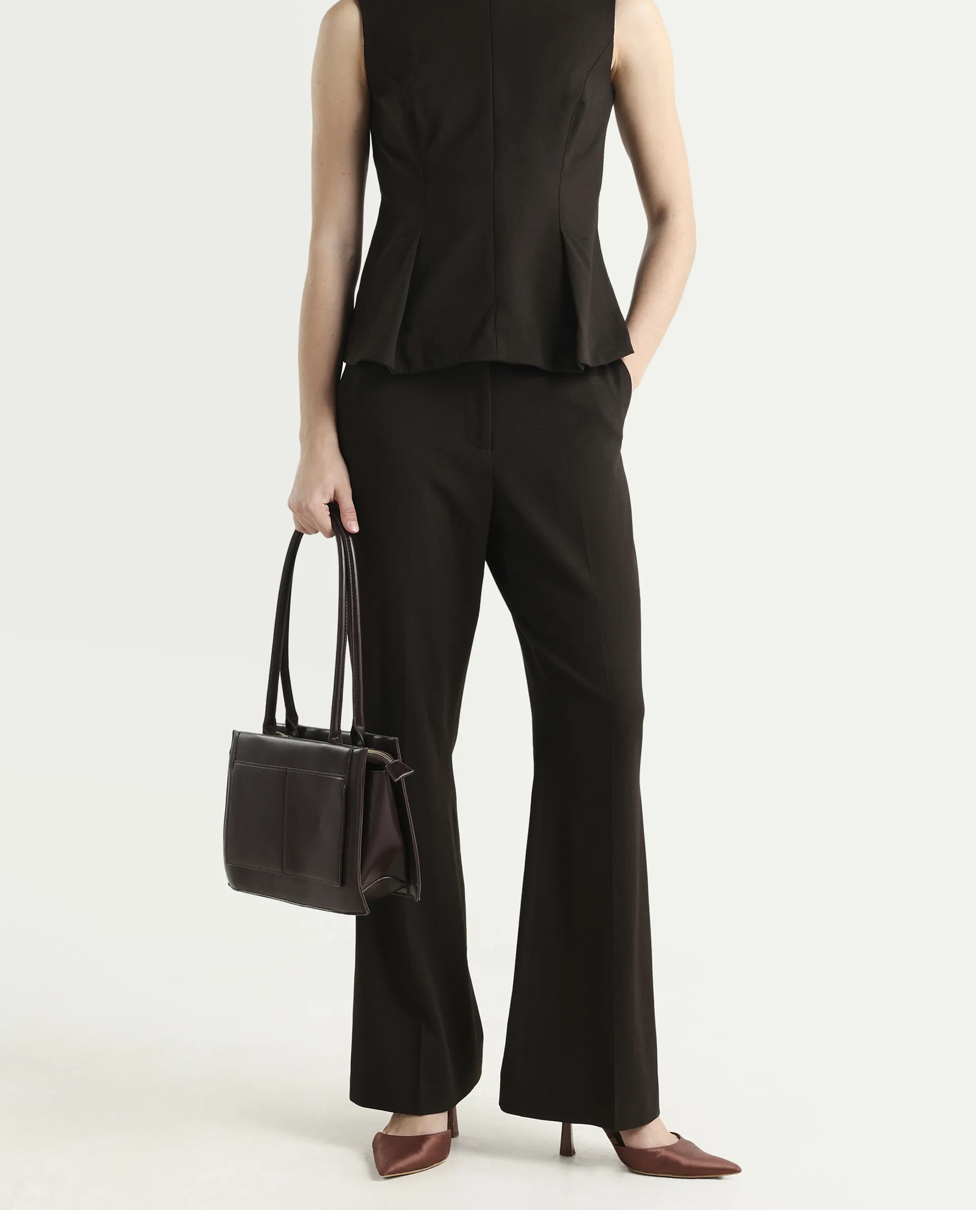 Rareism Women's Nuzor-B Dark Brown Polyester Blend Bootcut Plain Trouser - Image 4