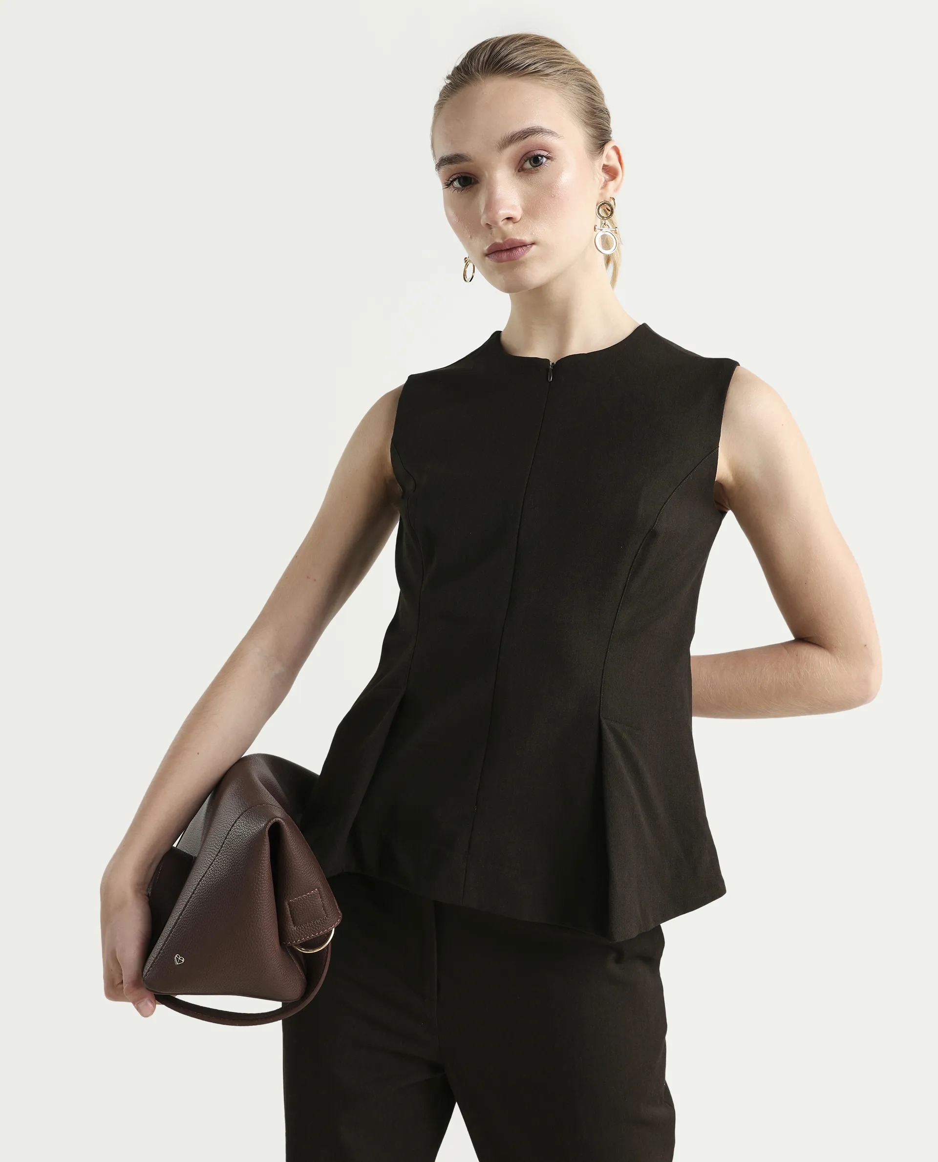 Rareism Woman Nuzor-T Dark Brown Polyester Blend Solid Fitted Top