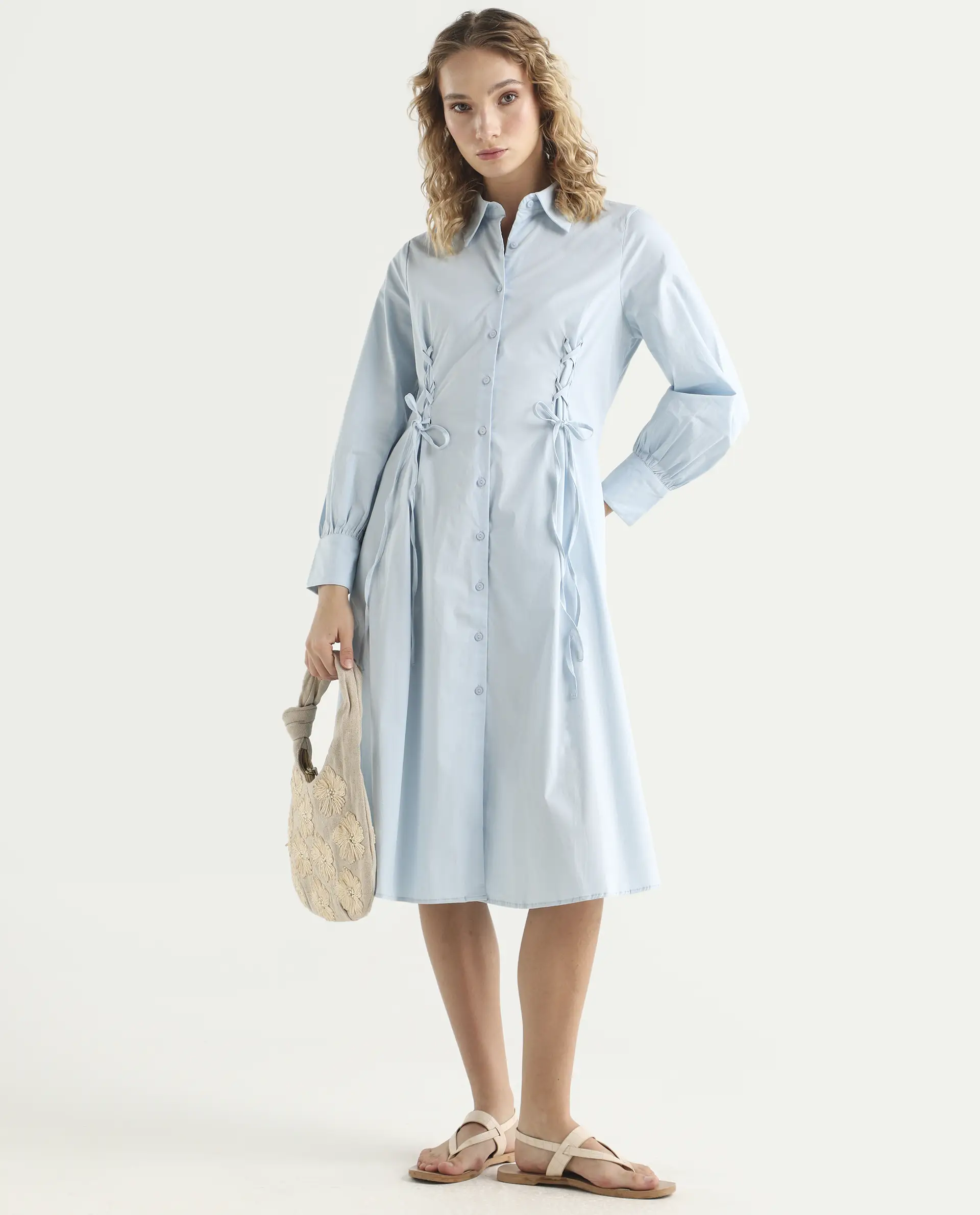 Rareism Women's Nysom Light Blue Cotton Blend Drop Collar Plain Bishop Sleeve Midi Fit And Flare Dress