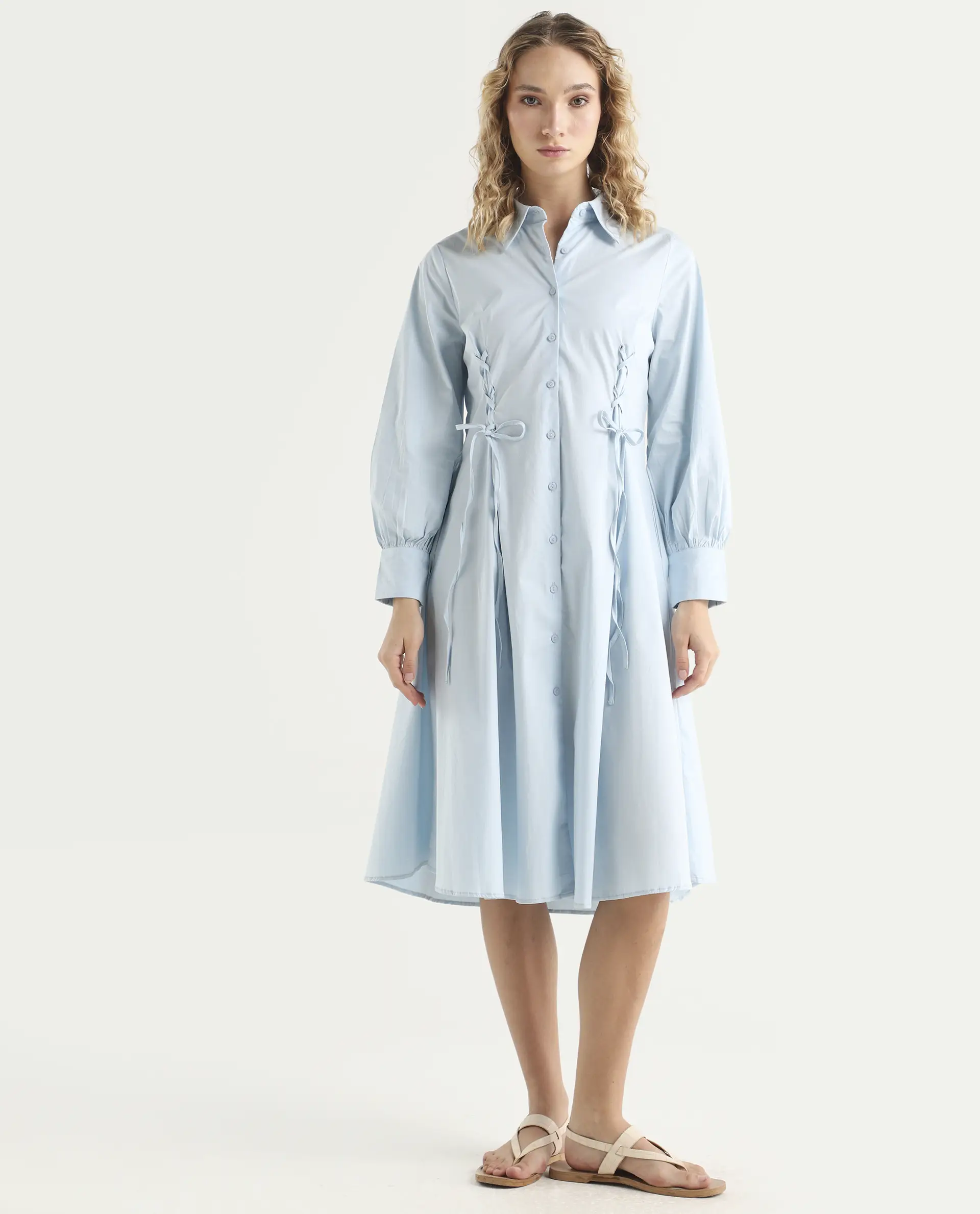 Rareism Women's Nysom Light Blue Cotton Blend Drop Collar Plain Bishop Sleeve Midi Fit And Flare Dress - Image 2