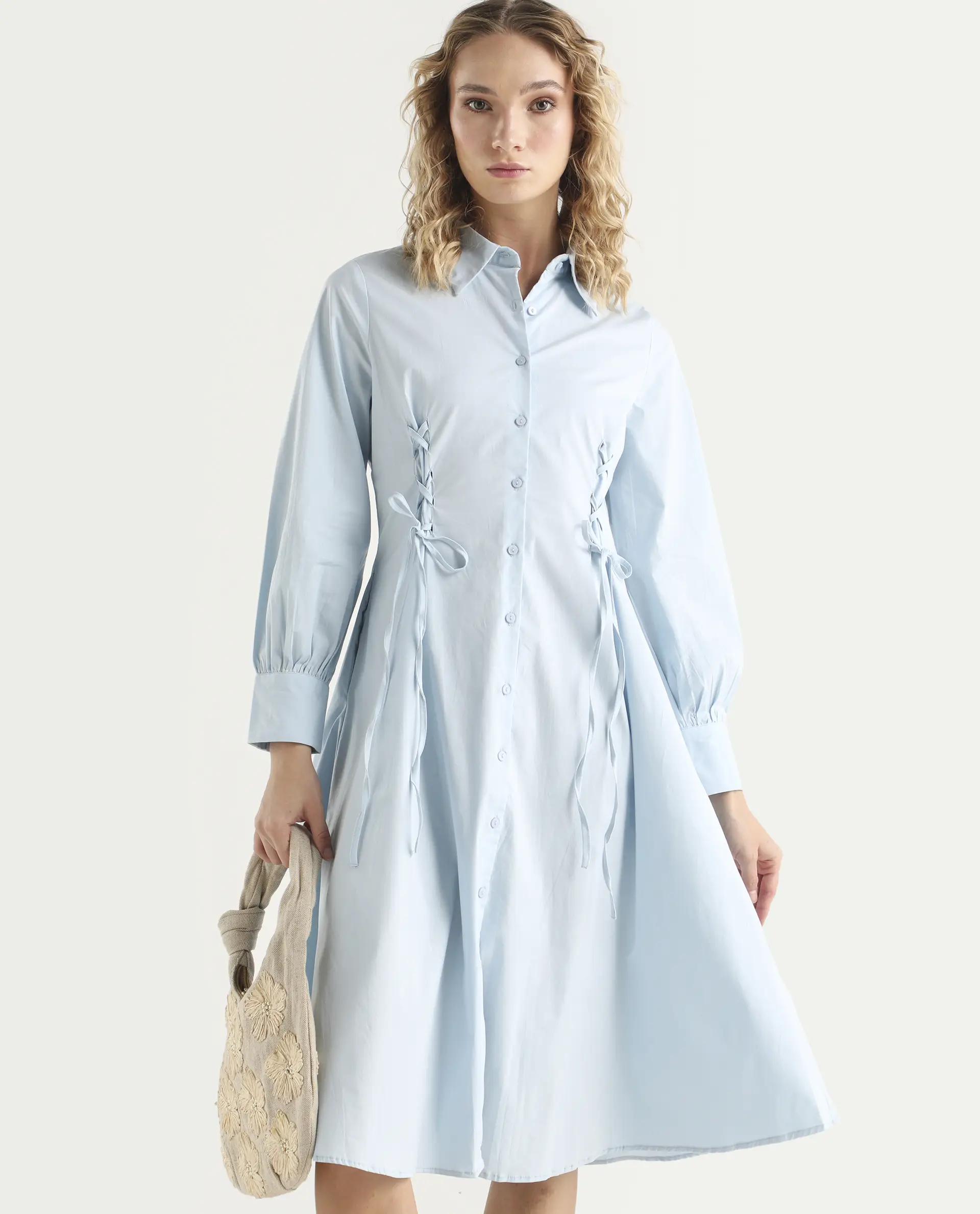 Rareism Women's Nysom Light Blue Cotton Blend Drop Collar Plain Bishop Sleeve Midi Fit And Flare Dress - Image 3