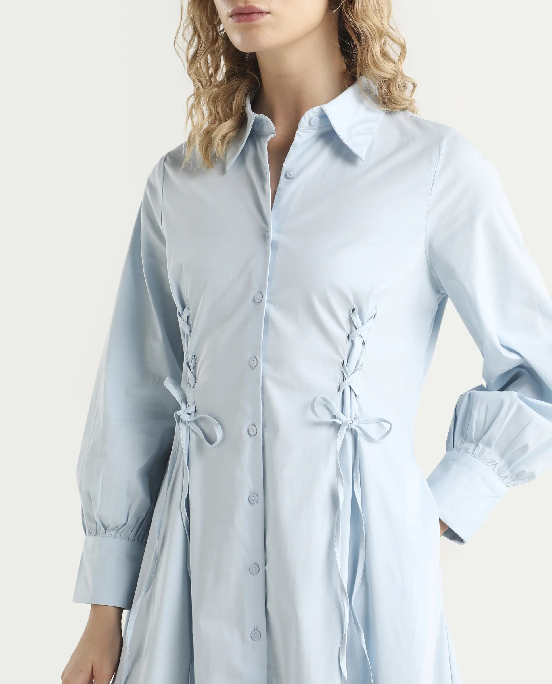 Rareism Women's Nysom Light Blue Cotton Blend Drop Collar Plain Bishop Sleeve Midi Fit And Flare Dress - Image 4