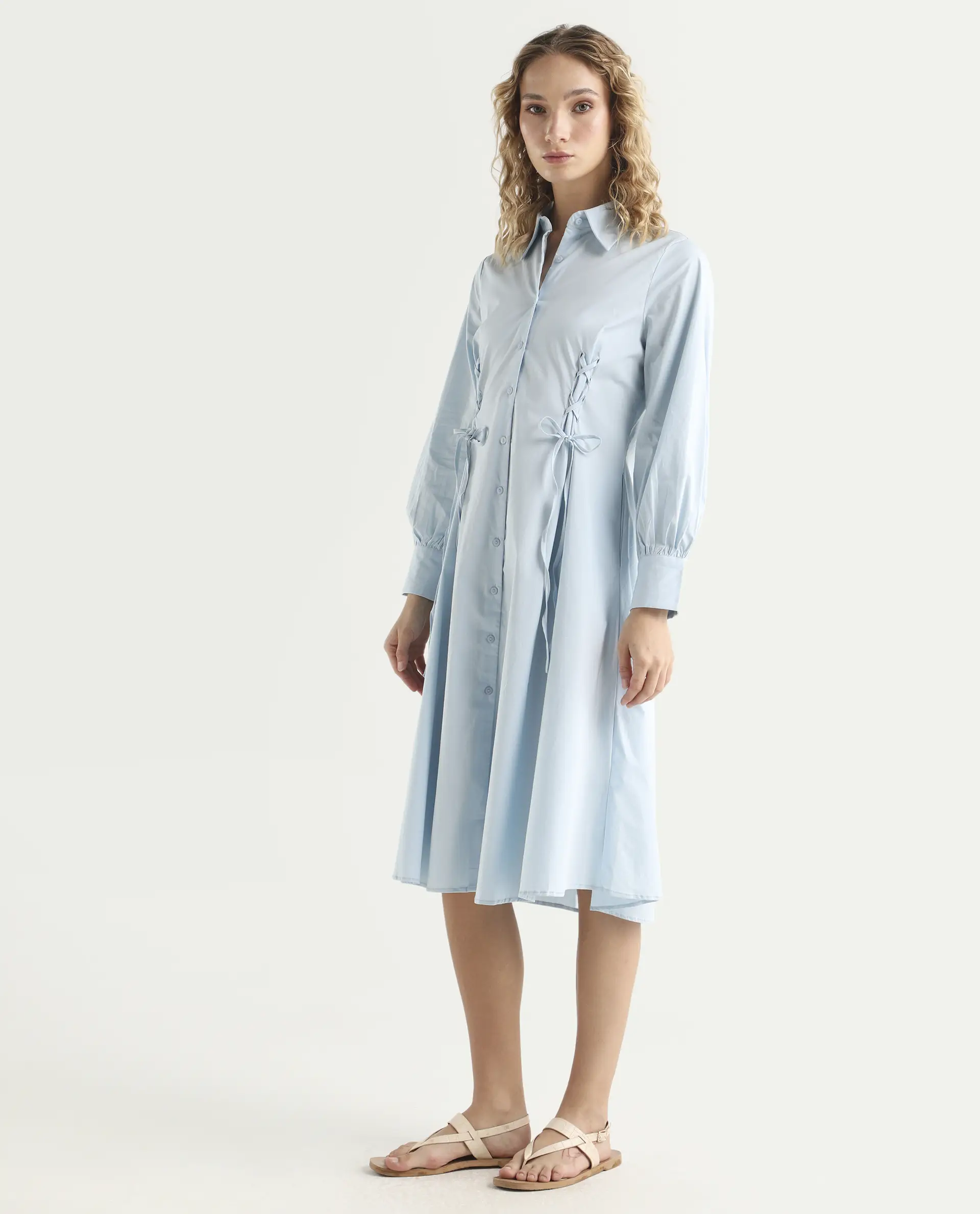 Rareism Women's Nysom Light Blue Cotton Blend Drop Collar Plain Bishop Sleeve Midi Fit And Flare Dress - Image 5