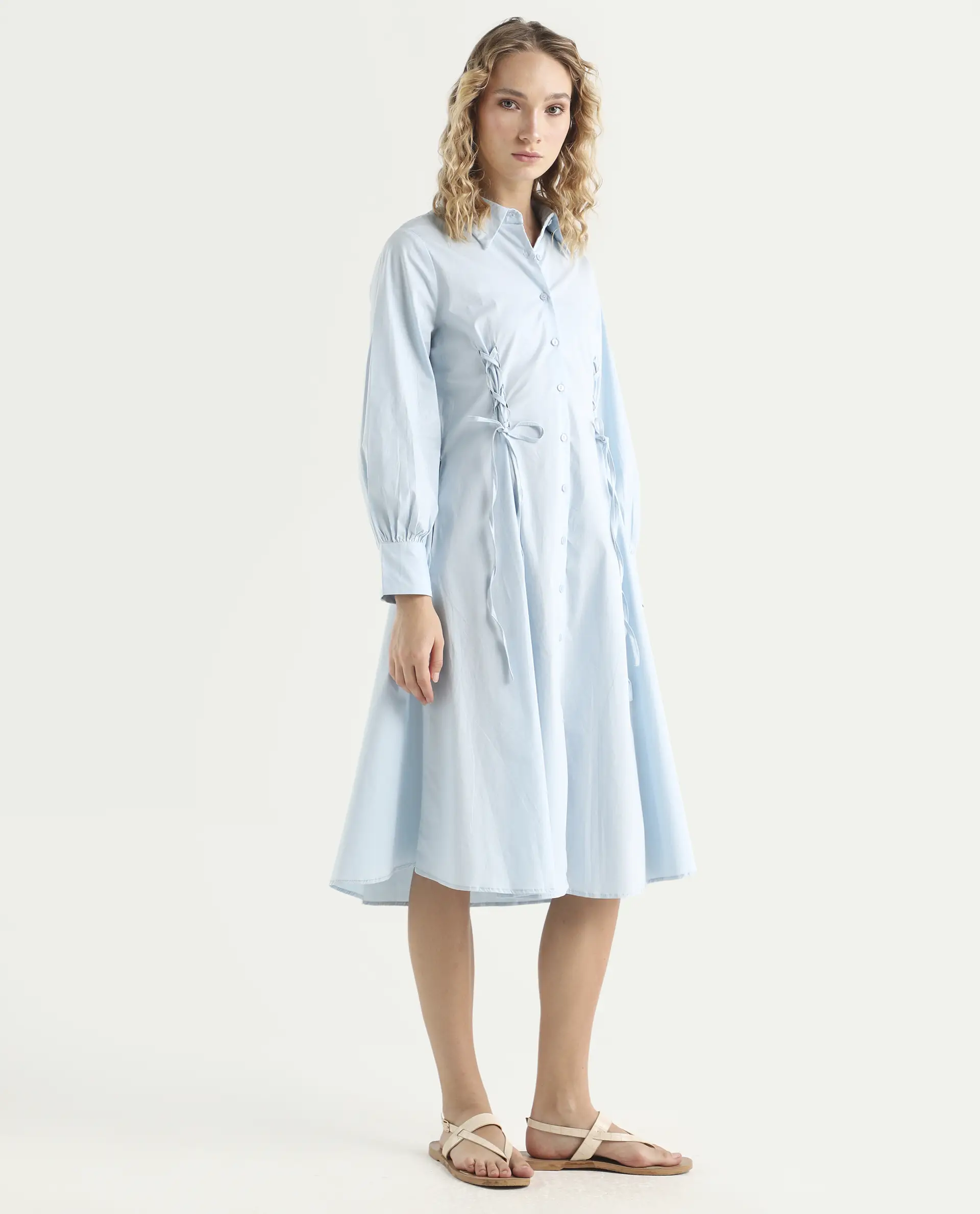 Rareism Women's Nysom Light Blue Cotton Blend Drop Collar Plain Bishop Sleeve Midi Fit And Flare Dress - Image 6