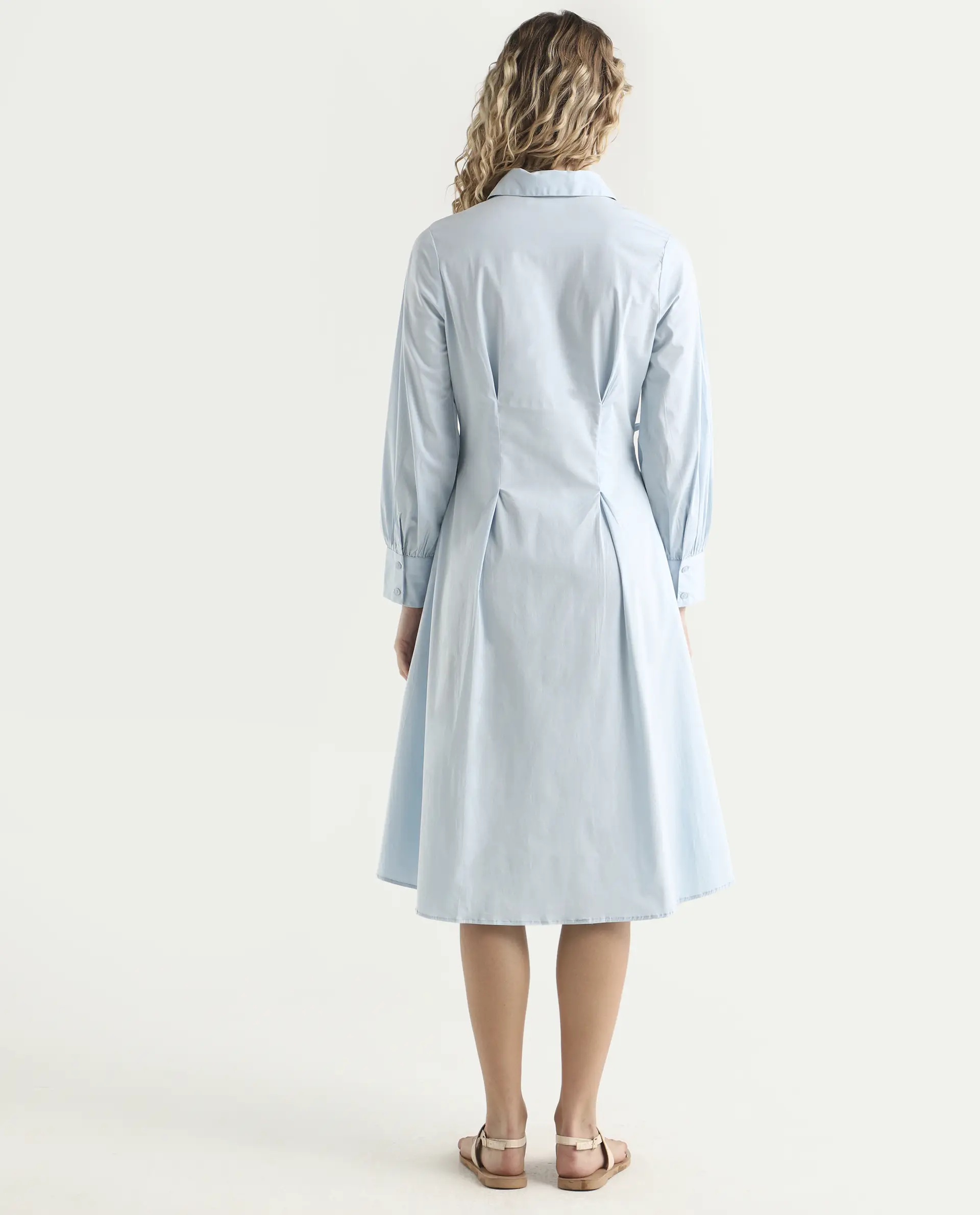 Rareism Women's Nysom Light Blue Cotton Blend Drop Collar Plain Bishop Sleeve Midi Fit And Flare Dress - Image 7