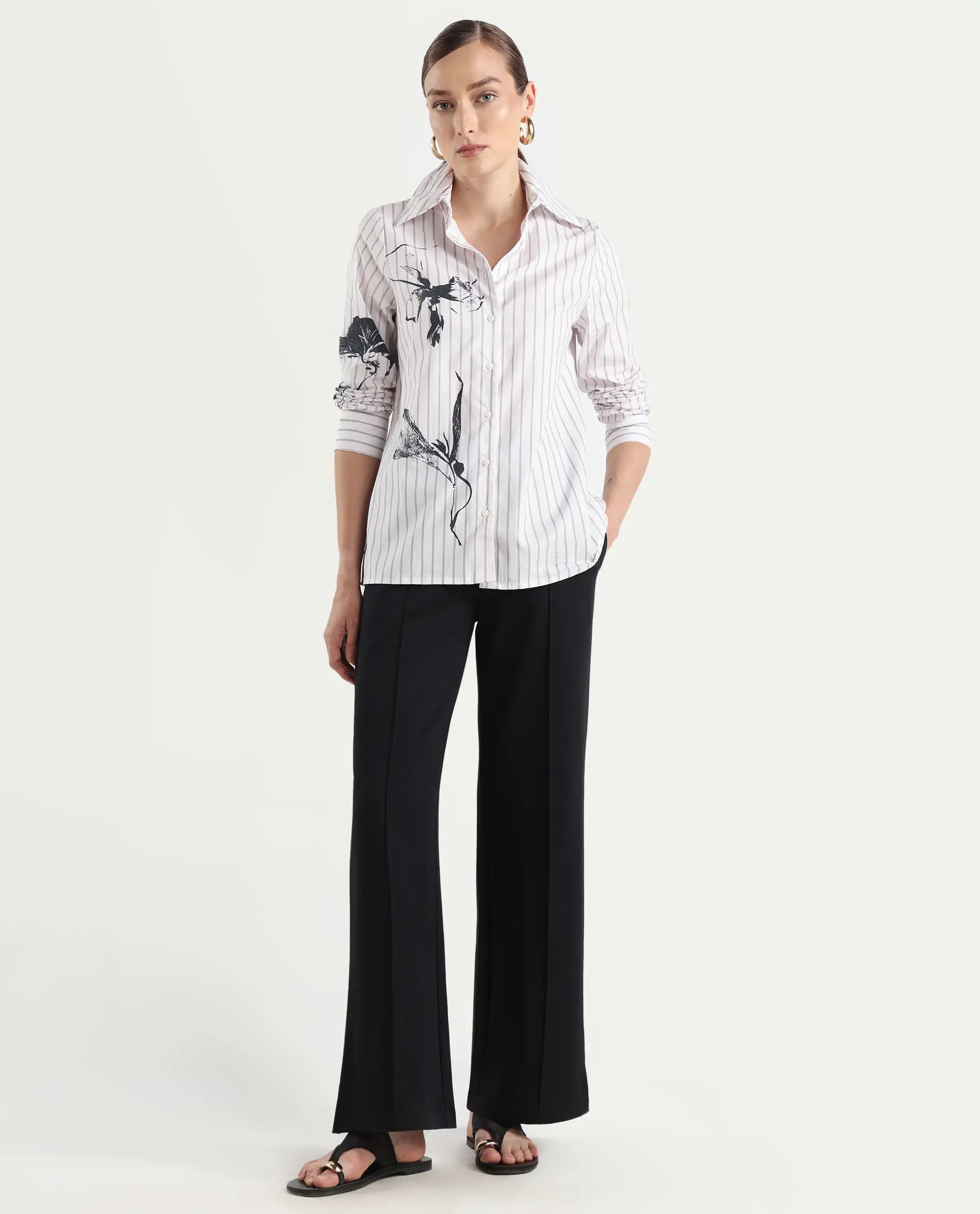 Rareism Women's Nzingat White Cotton Spread Collar Floral Print Cuffed Sleeve Regular Fit Shirt - Image 2