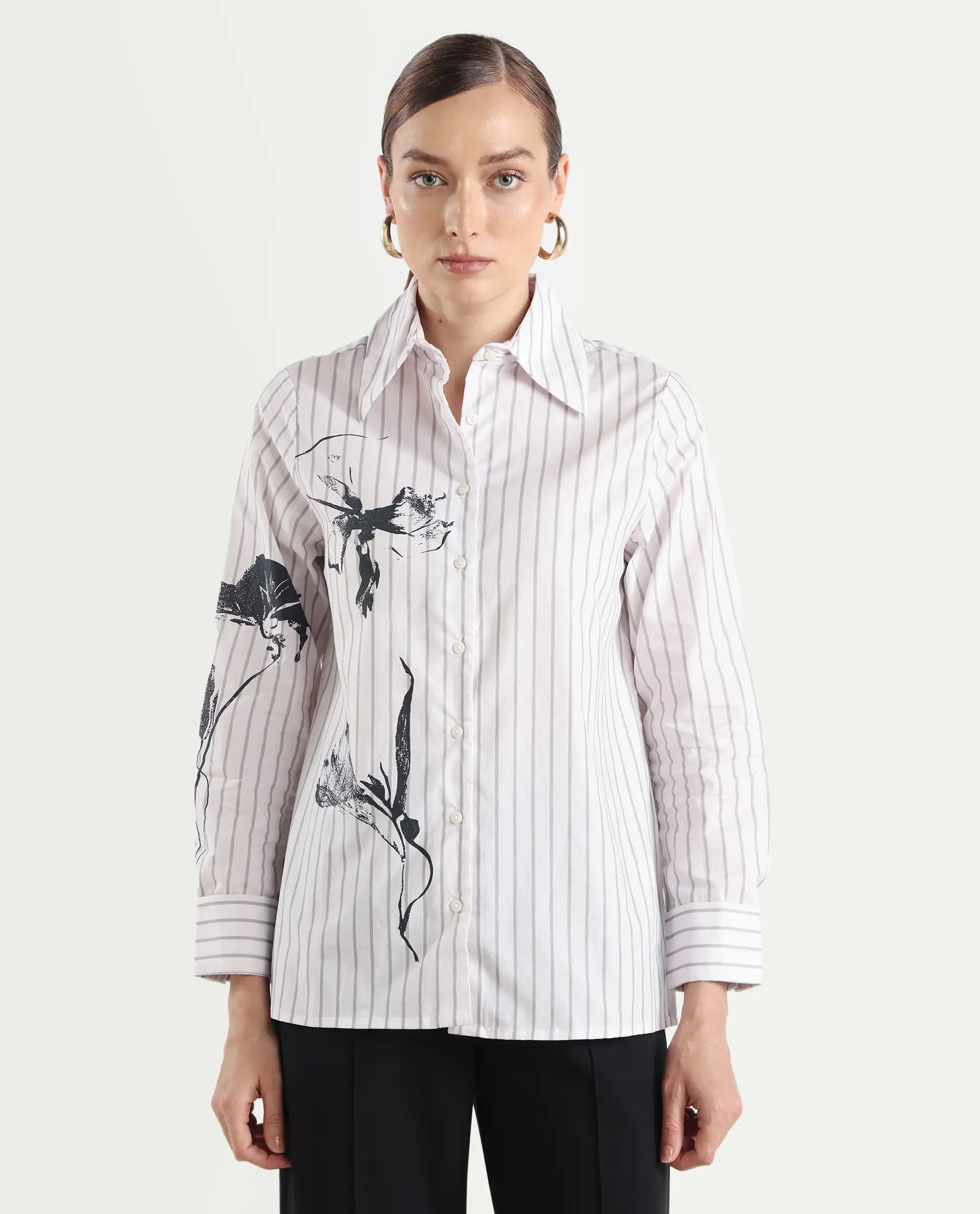 Rareism Women's Nzingat White Cotton Spread Collar Floral Print Cuffed Sleeve Regular Fit Shirt - Image 3