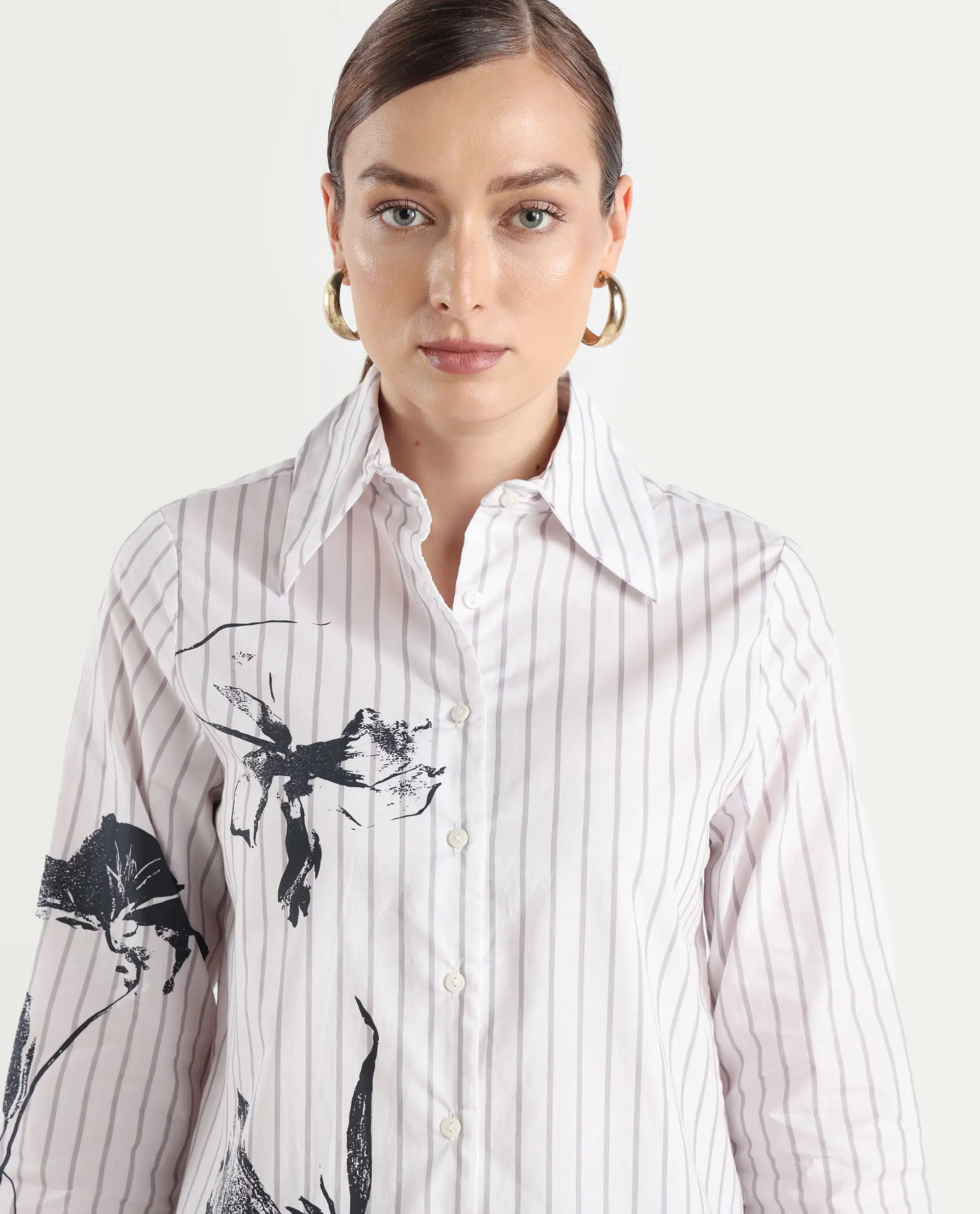 Rareism Women's Nzingat White Cotton Spread Collar Floral Print Cuffed Sleeve Regular Fit Shirt - Image 4