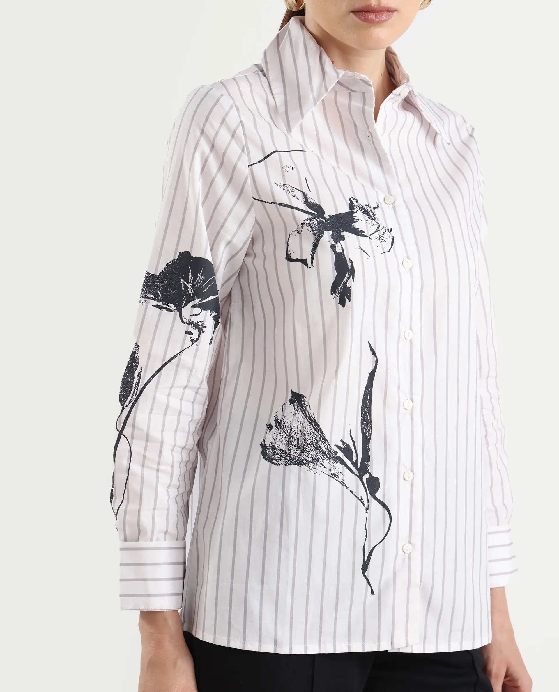 Rareism Women's Nzingat White Cotton Spread Collar Floral Print Cuffed Sleeve Regular Fit Shirt - Image 5