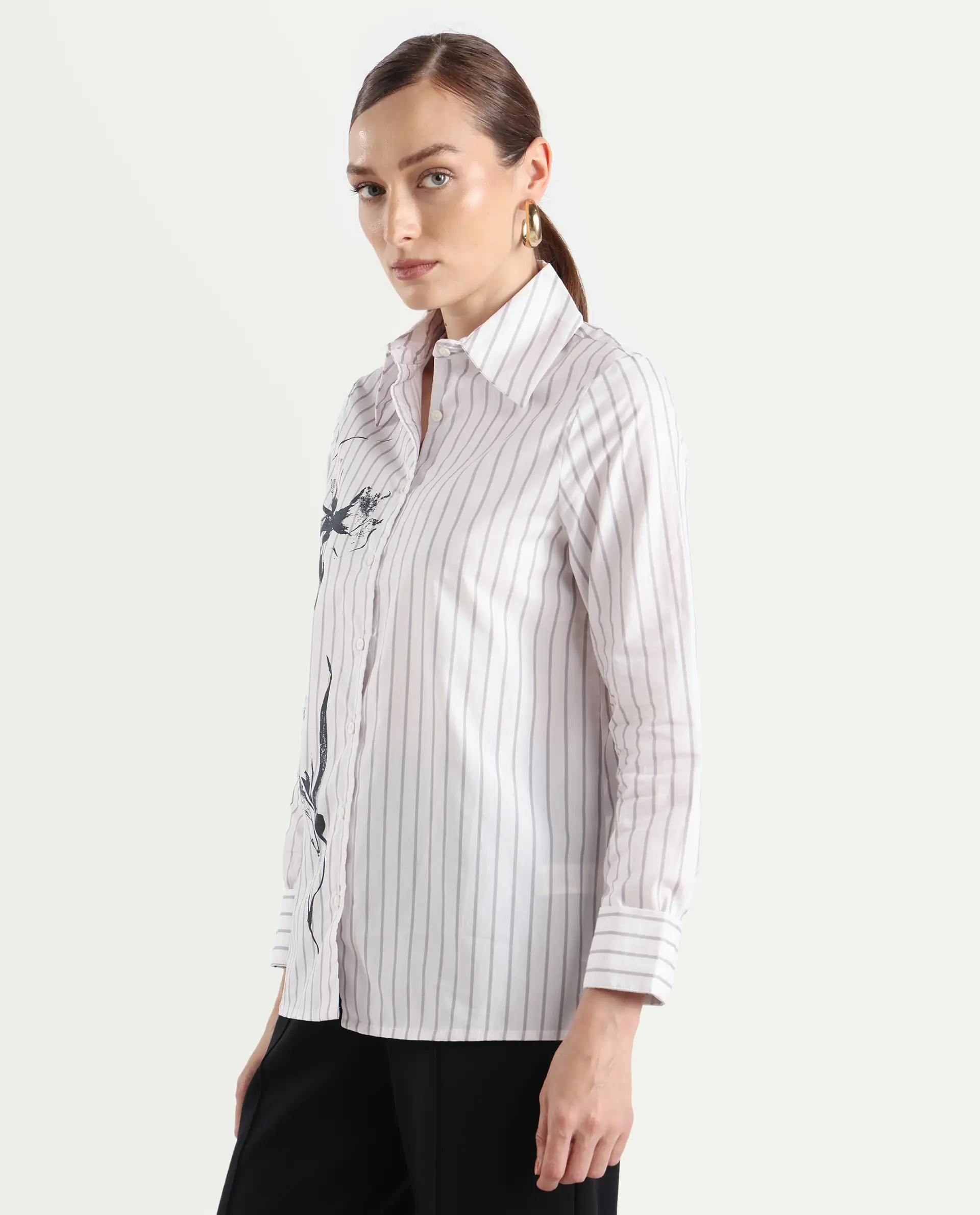 Rareism Women's Nzingat White Cotton Spread Collar Floral Print Cuffed Sleeve Regular Fit Shirt - Image 6
