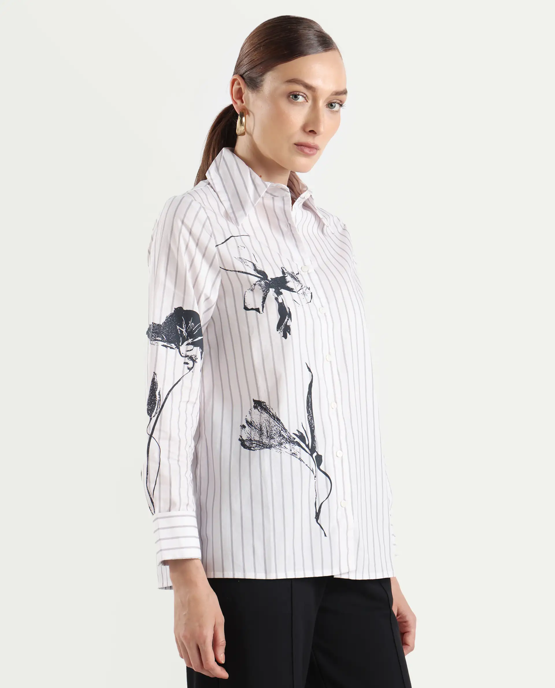 Rareism Women's Nzingat White Cotton Spread Collar Floral Print Cuffed Sleeve Regular Fit Shirt - Image 7