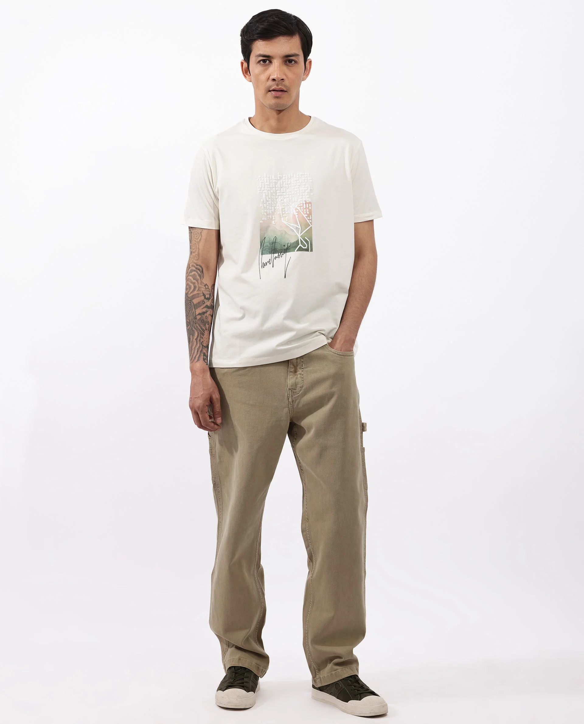 Rare Rabbit Articale Mens Oak Off White Cotton Polyester Fabric Short Sleeve Crew Neck Regular Fit Printed T-Shirt - Image 3