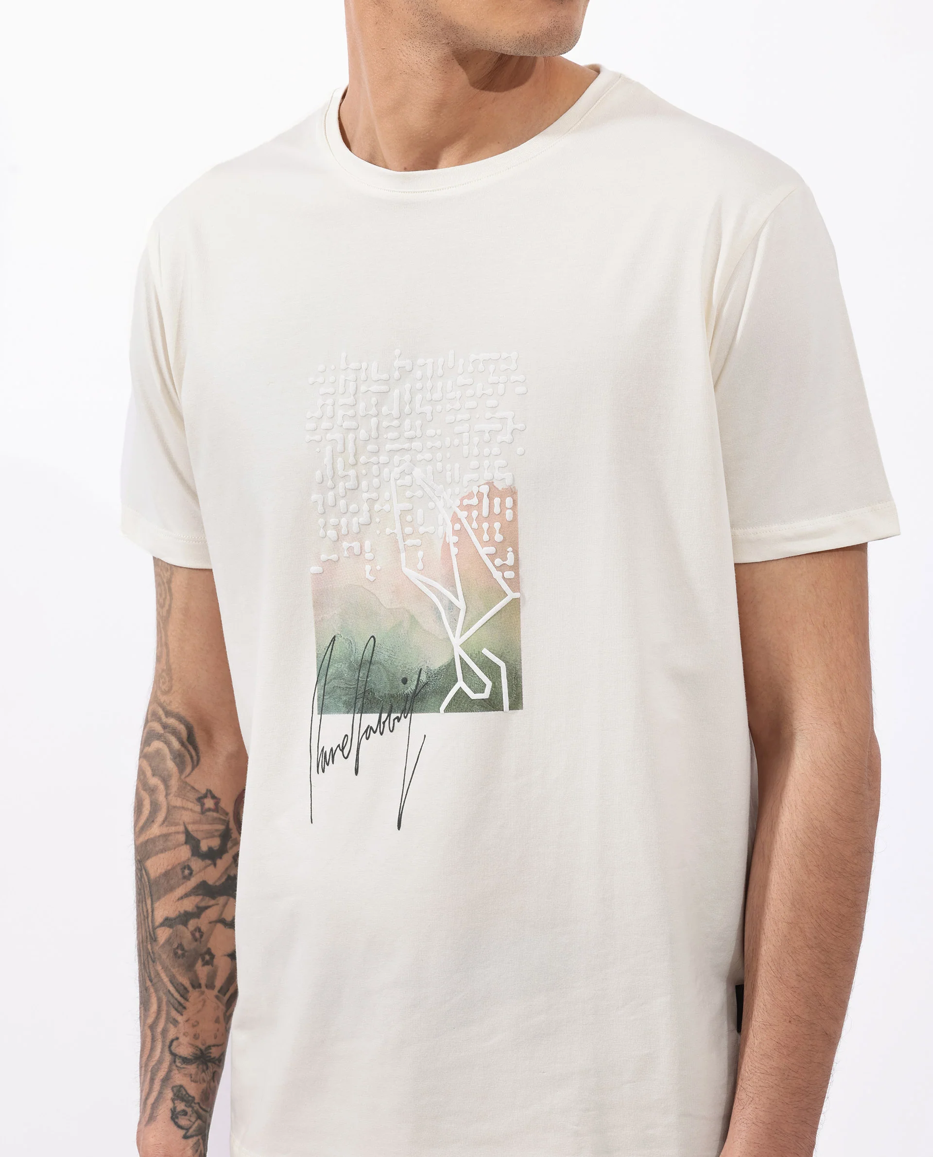 Rare Rabbit Articale Mens Oak Off White Cotton Polyester Fabric Short Sleeve Crew Neck Regular Fit Printed T-Shirt - Image 5