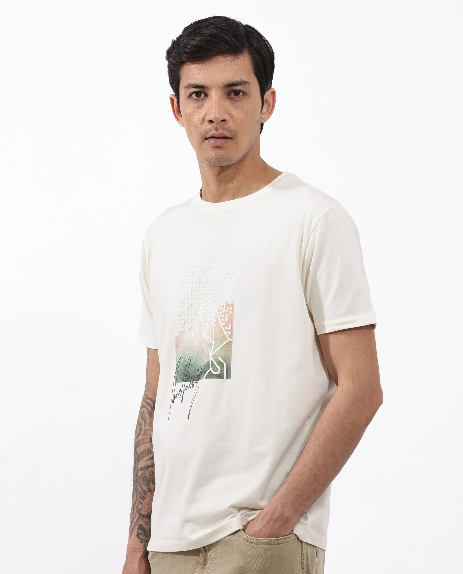 Rare Rabbit Articale Mens Oak Off White Cotton Polyester Fabric Short Sleeve Crew Neck Regular Fit Printed T-Shirt - Image 8
