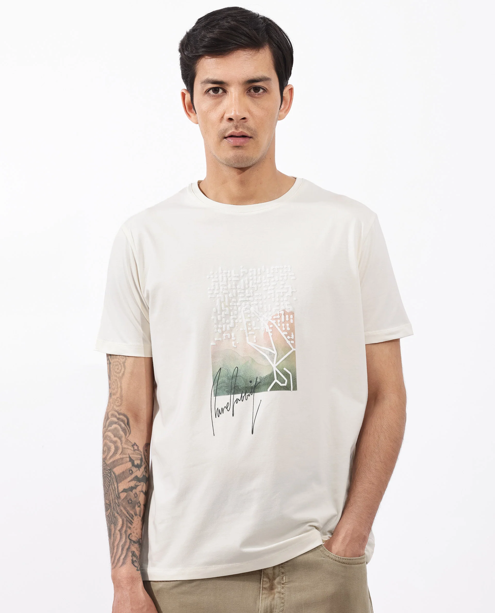 Rare Rabbit Articale Mens Oak Off White Cotton Polyester Fabric Short Sleeve Crew Neck Regular Fit Printed T-Shirt - Image 9