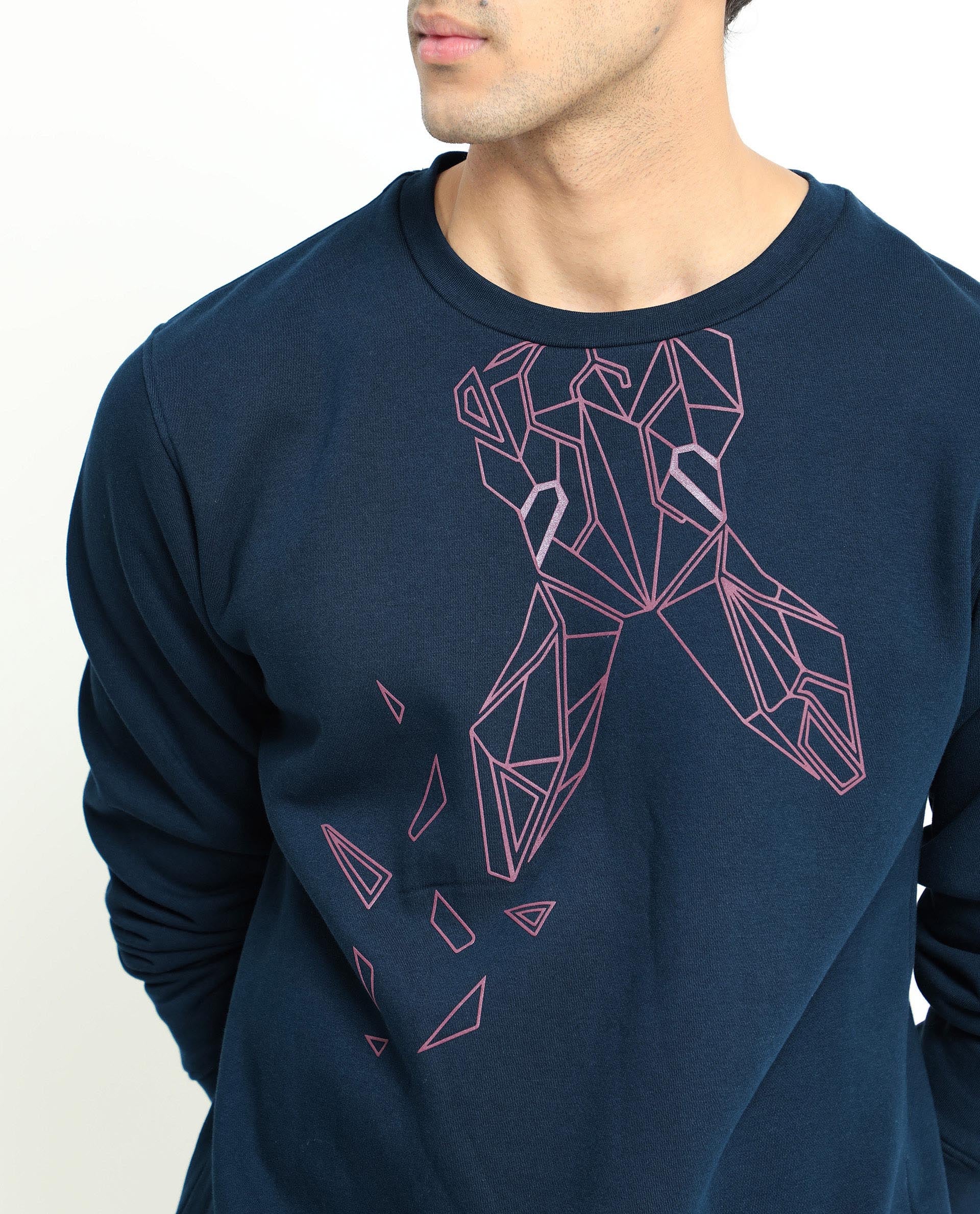 Rare Rabbit Men's Oakk Navy Graphic Print Regular Fit Full Sleeve Crew Neck Sweatshirt - Image 2