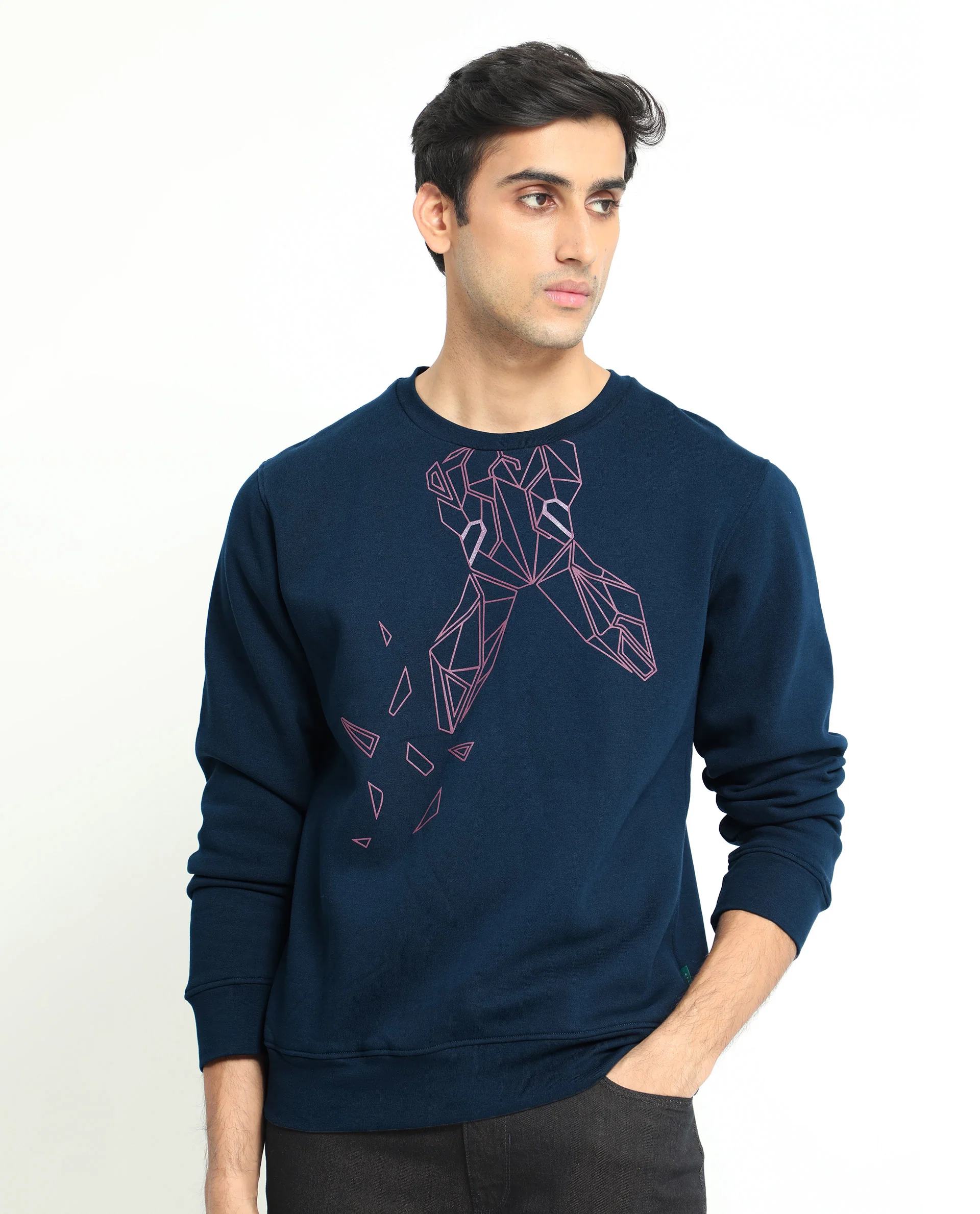 Rare Rabbit Men's Oakk Navy Graphic Print Regular Fit Full Sleeve Crew Neck Sweatshirt - Image 3