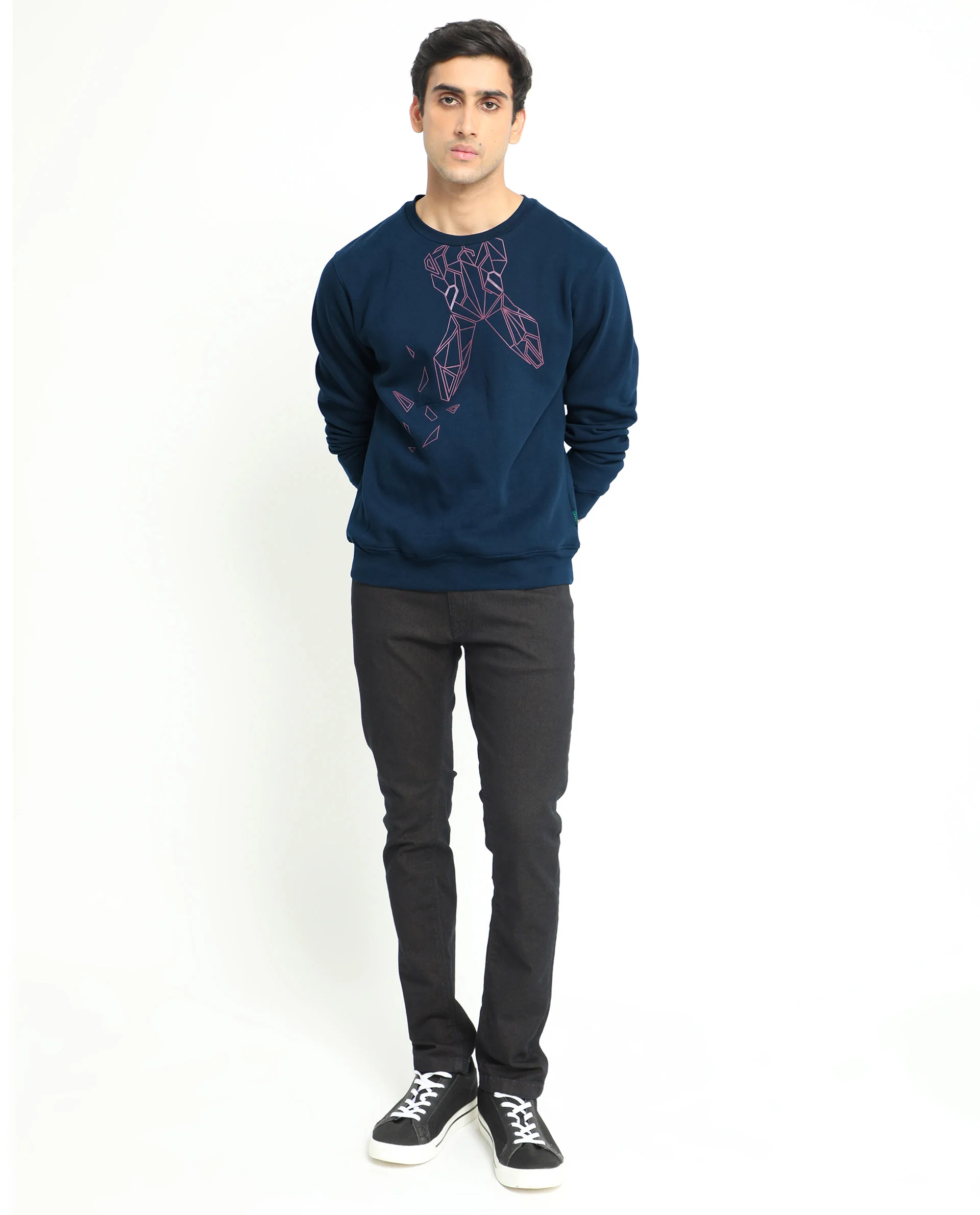 Rare Rabbit Men's Oakk Navy Graphic Print Regular Fit Full Sleeve Crew Neck Sweatshirt - Image 5