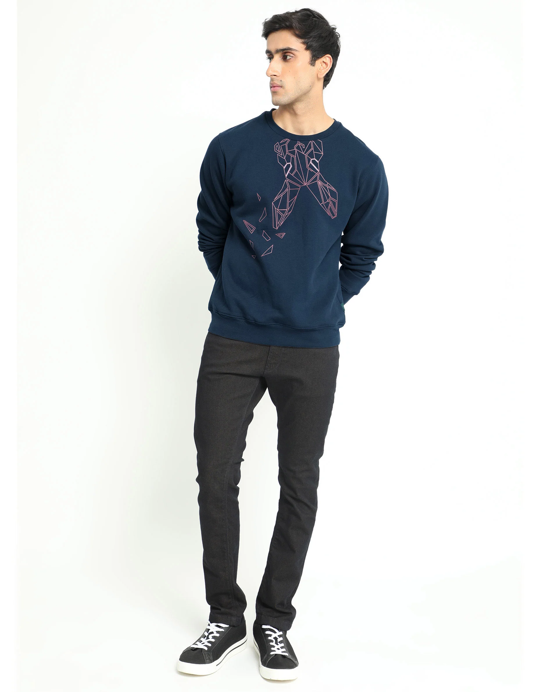 Rare Rabbit Men's Oakk Navy Graphic Print Regular Fit Full Sleeve Crew Neck Sweatshirt - Image 6