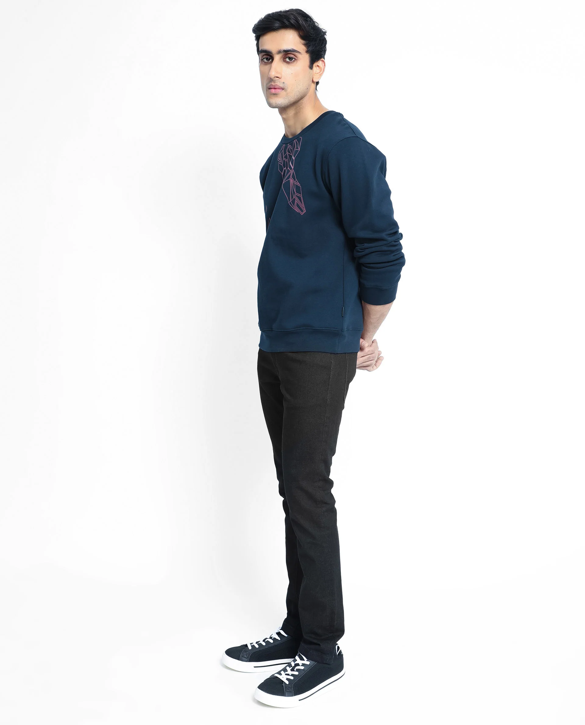 Rare Rabbit Men's Oakk Navy Graphic Print Regular Fit Full Sleeve Crew Neck Sweatshirt - Image 8