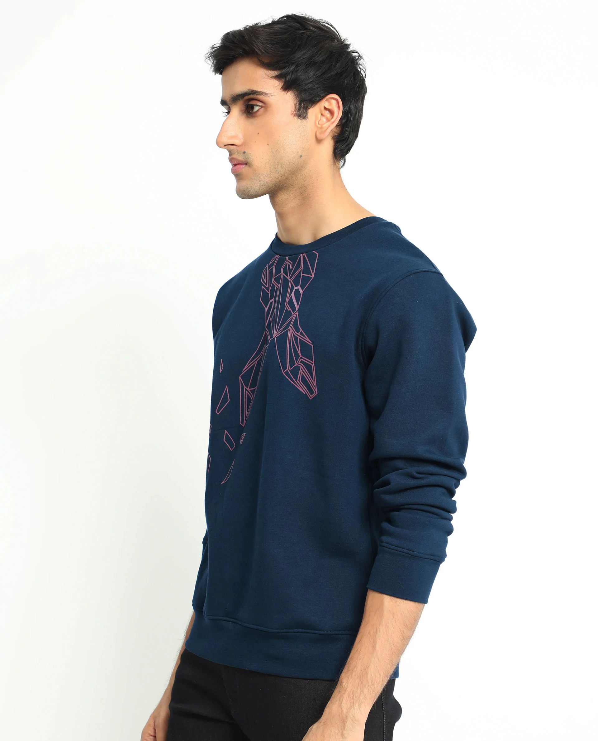 Rare Rabbit Men's Oakk Navy Graphic Print Regular Fit Full Sleeve Crew Neck Sweatshirt - Image 9