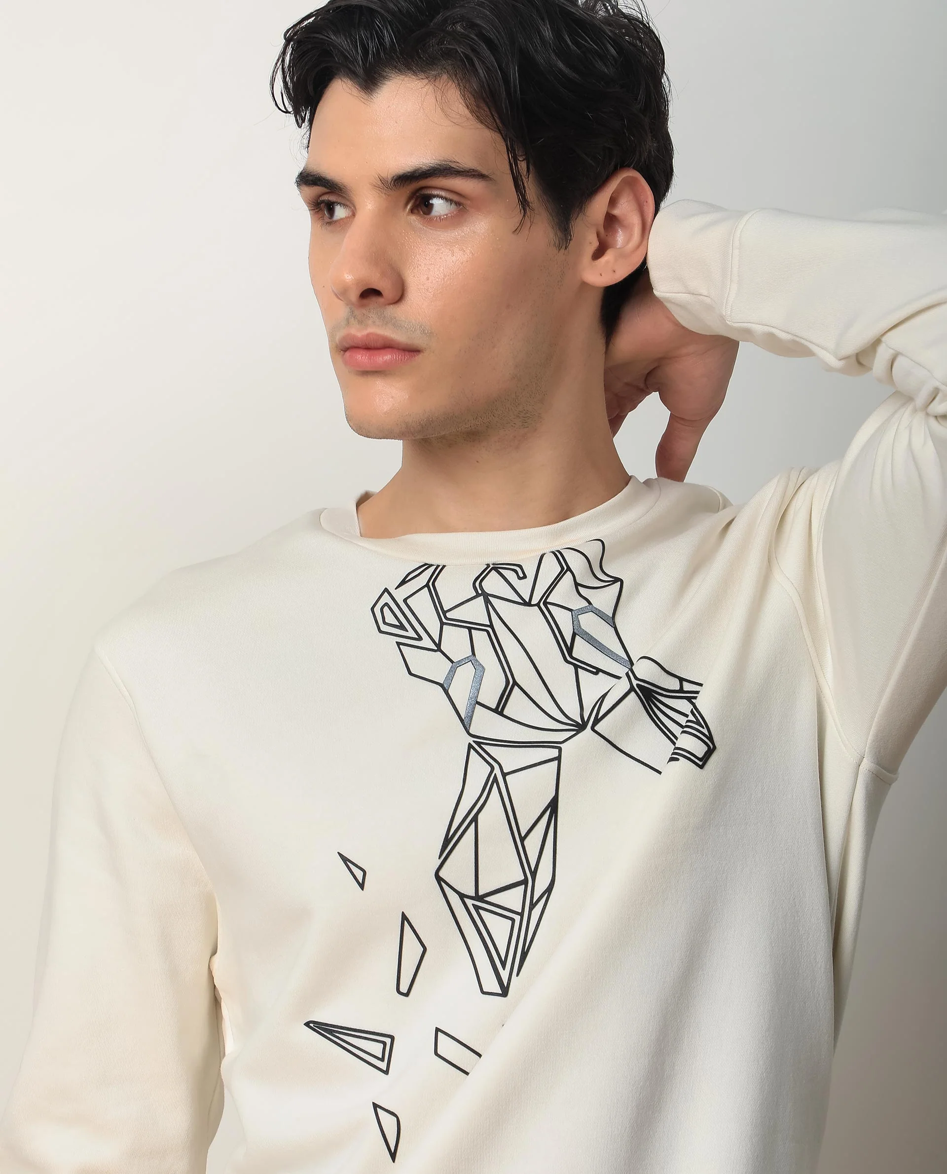 Rare Rabbit Men's Oakk White Graphic Print Regular Fit Full Sleeve Crew Neck Sweatshirt - Image 10