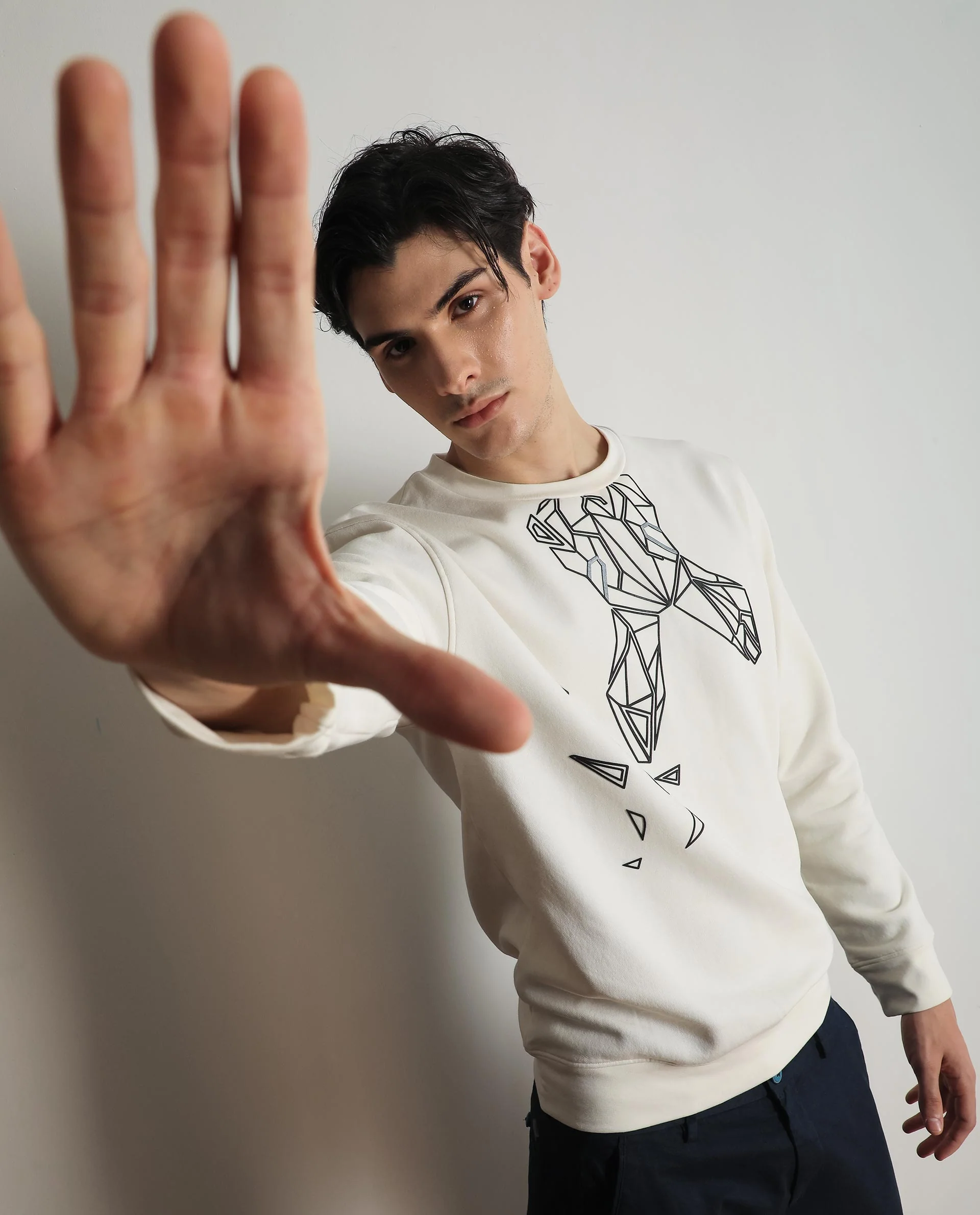 Rare Rabbit Men's Oakk White Graphic Print Regular Fit Full Sleeve Crew Neck Sweatshirt - Image 11