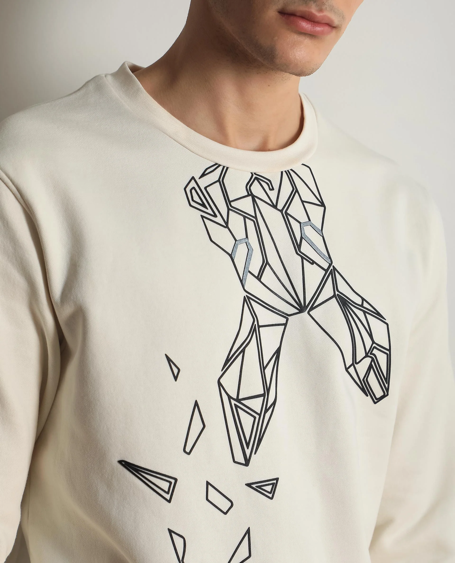 Rare Rabbit Men's Oakk White Graphic Print Regular Fit Full Sleeve Crew Neck Sweatshirt - Image 2