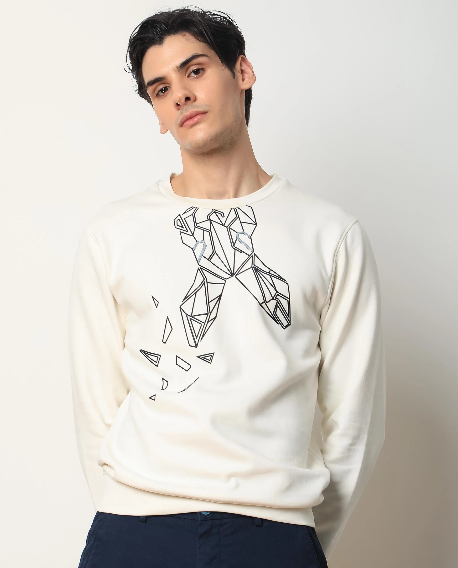 Rare Rabbit Men's Oakk White Graphic Print Regular Fit Full Sleeve Crew Neck Sweatshirt - Image 3