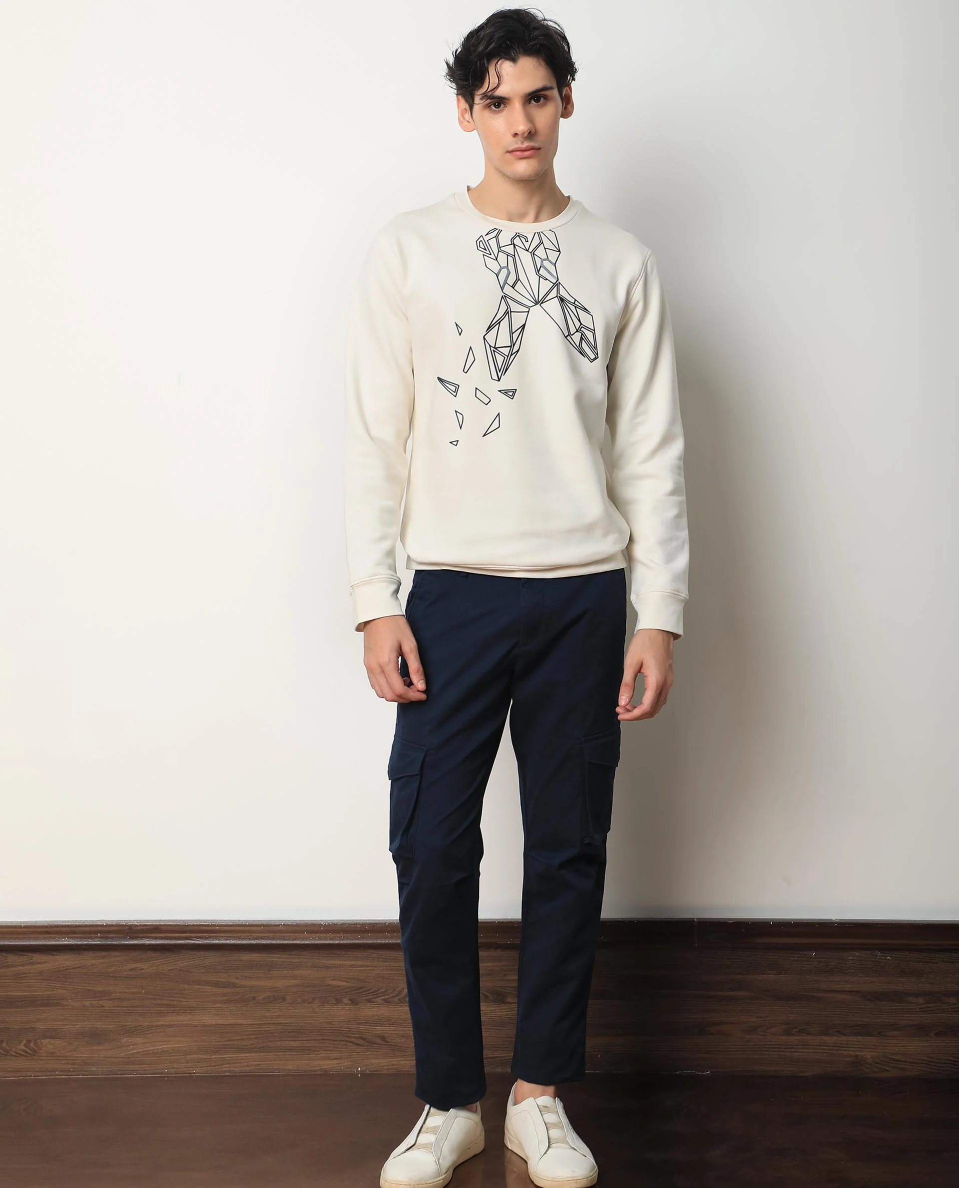 Rare Rabbit Men's Oakk White Graphic Print Regular Fit Full Sleeve Crew Neck Sweatshirt - Image 4