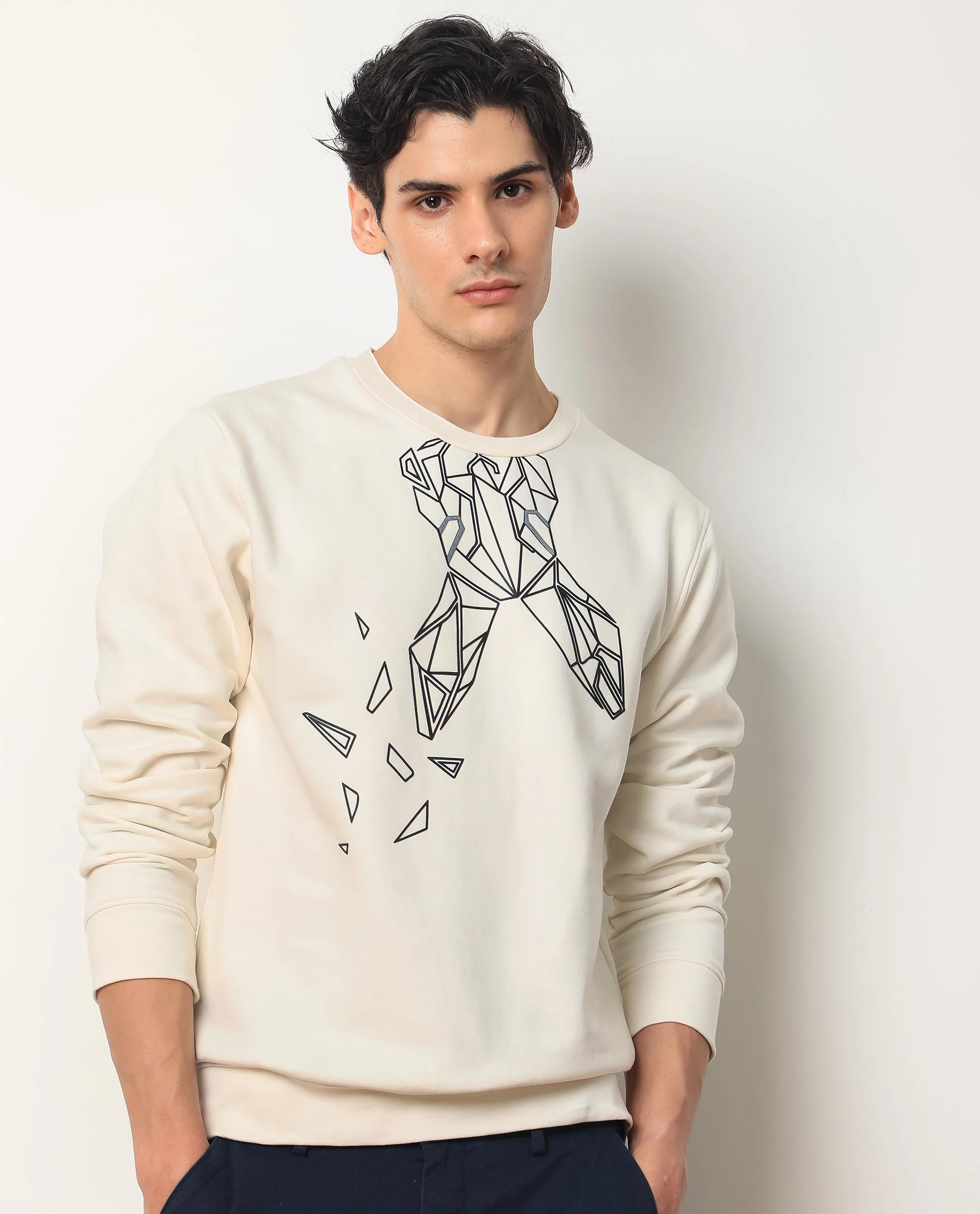 Rare Rabbit Men's Oakk White Graphic Print Regular Fit Full Sleeve Crew Neck Sweatshirt - Image 5