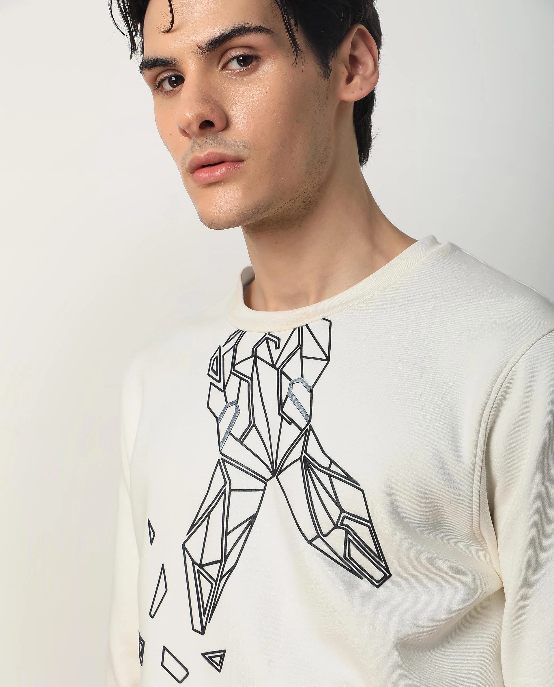Rare Rabbit Men's Oakk White Graphic Print Regular Fit Full Sleeve Crew Neck Sweatshirt - Image 6