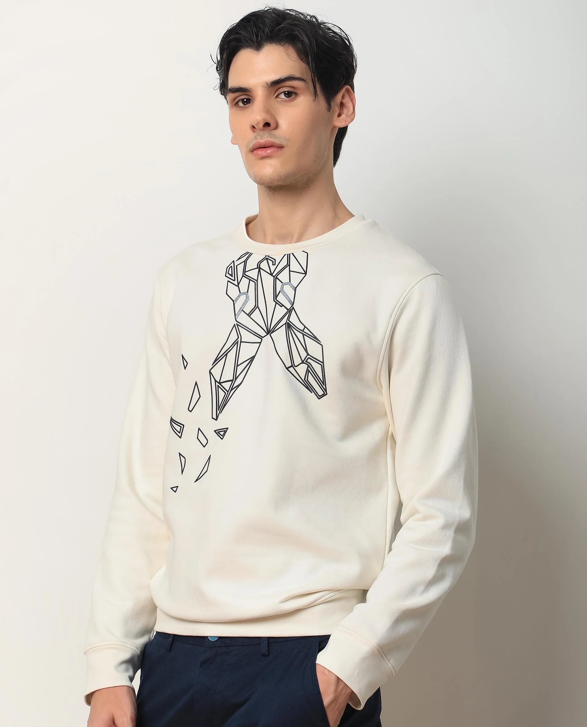 Rare Rabbit Men's Oakk White Graphic Print Regular Fit Full Sleeve Crew Neck Sweatshirt - Image 7