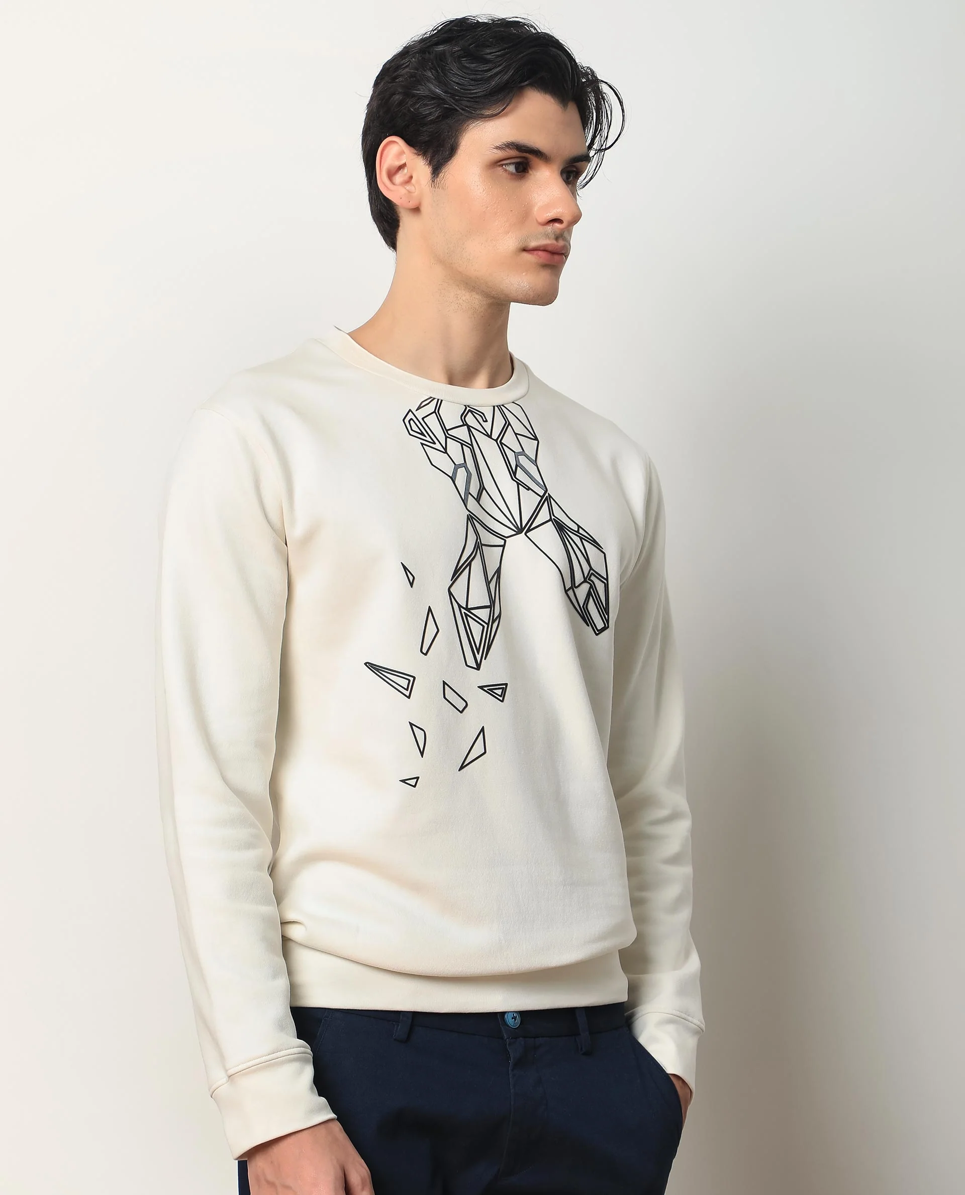Rare Rabbit Men's Oakk White Graphic Print Regular Fit Full Sleeve Crew Neck Sweatshirt - Image 8