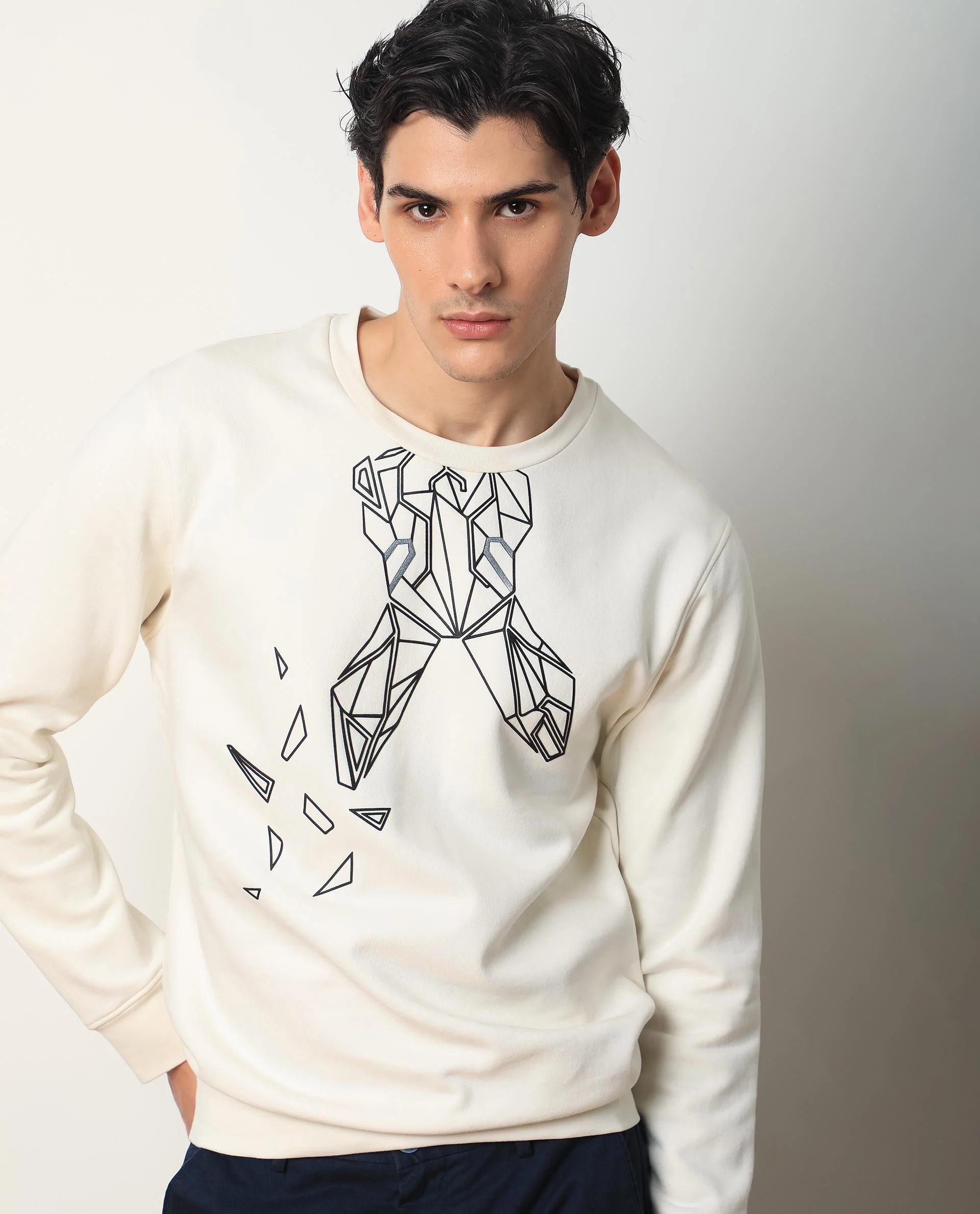 Rare Rabbit Men's Oakk White Graphic Print Regular Fit Full Sleeve Crew Neck Sweatshirt - Image 9