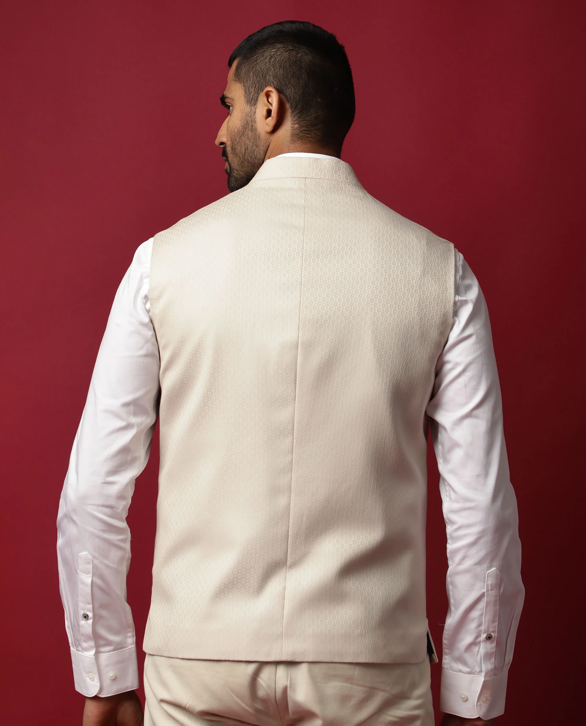 Rare Rabbit Men's Oakla Beige Polyester Jacquard Tailored Fit Sleeveless Mandarin Collar Bandhgala - Image 10