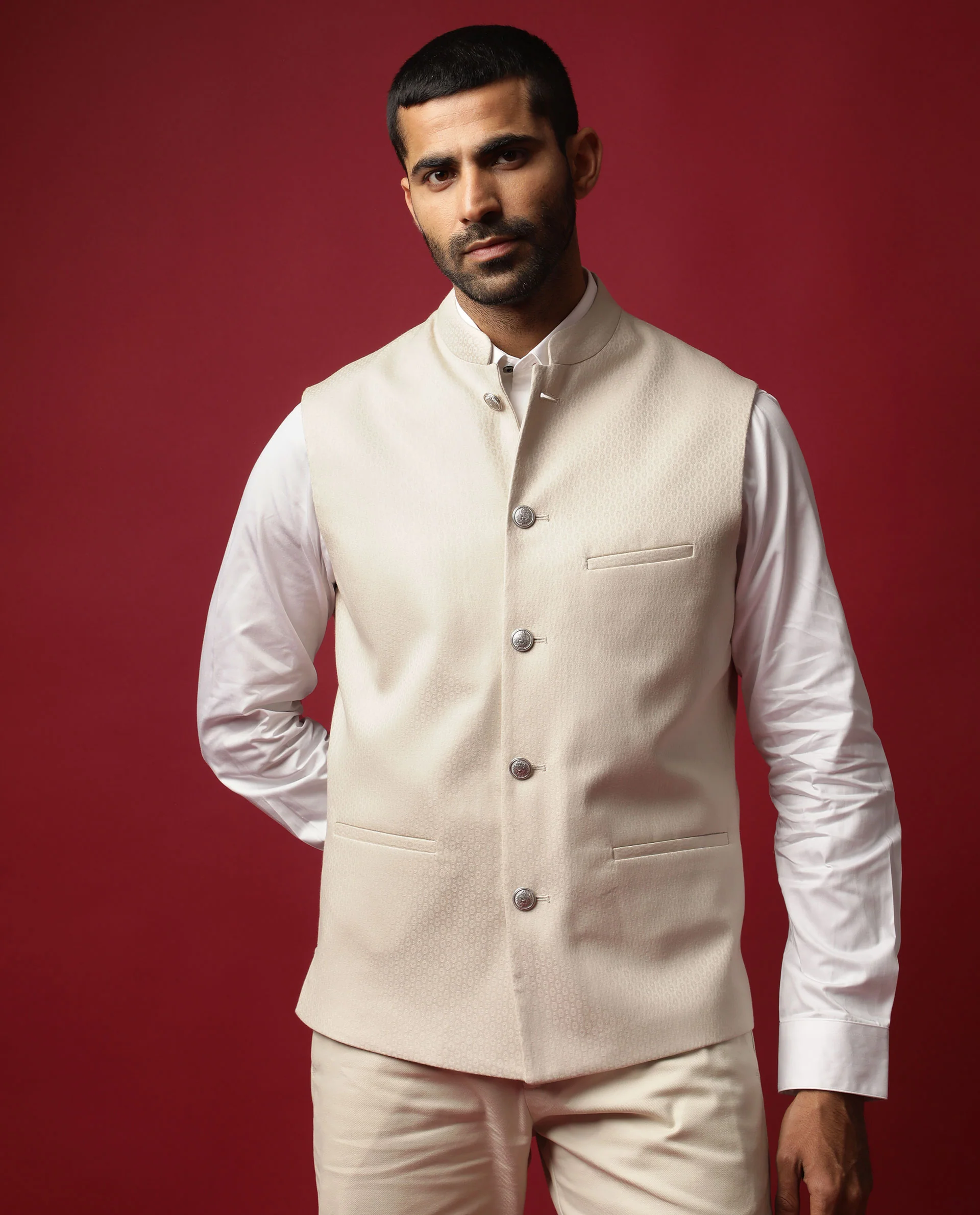 Rare Rabbit Men's Oakla Beige Polyester Jacquard Tailored Fit Sleeveless Mandarin Collar Bandhgala - Image 3