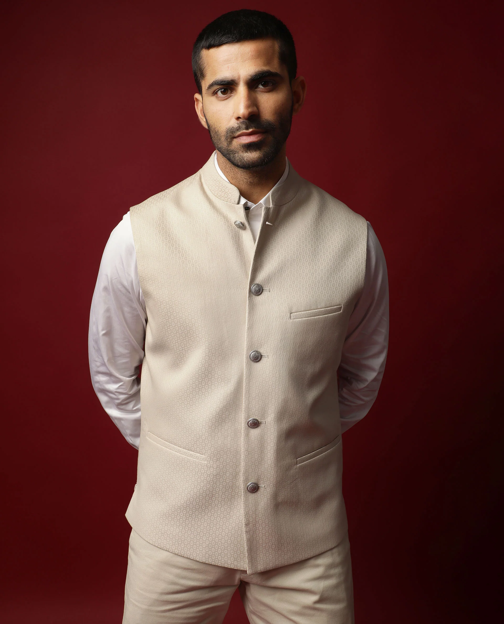 Rare Rabbit Men's Oakla Beige Polyester Jacquard Tailored Fit Sleeveless Mandarin Collar Bandhgala - Image 4