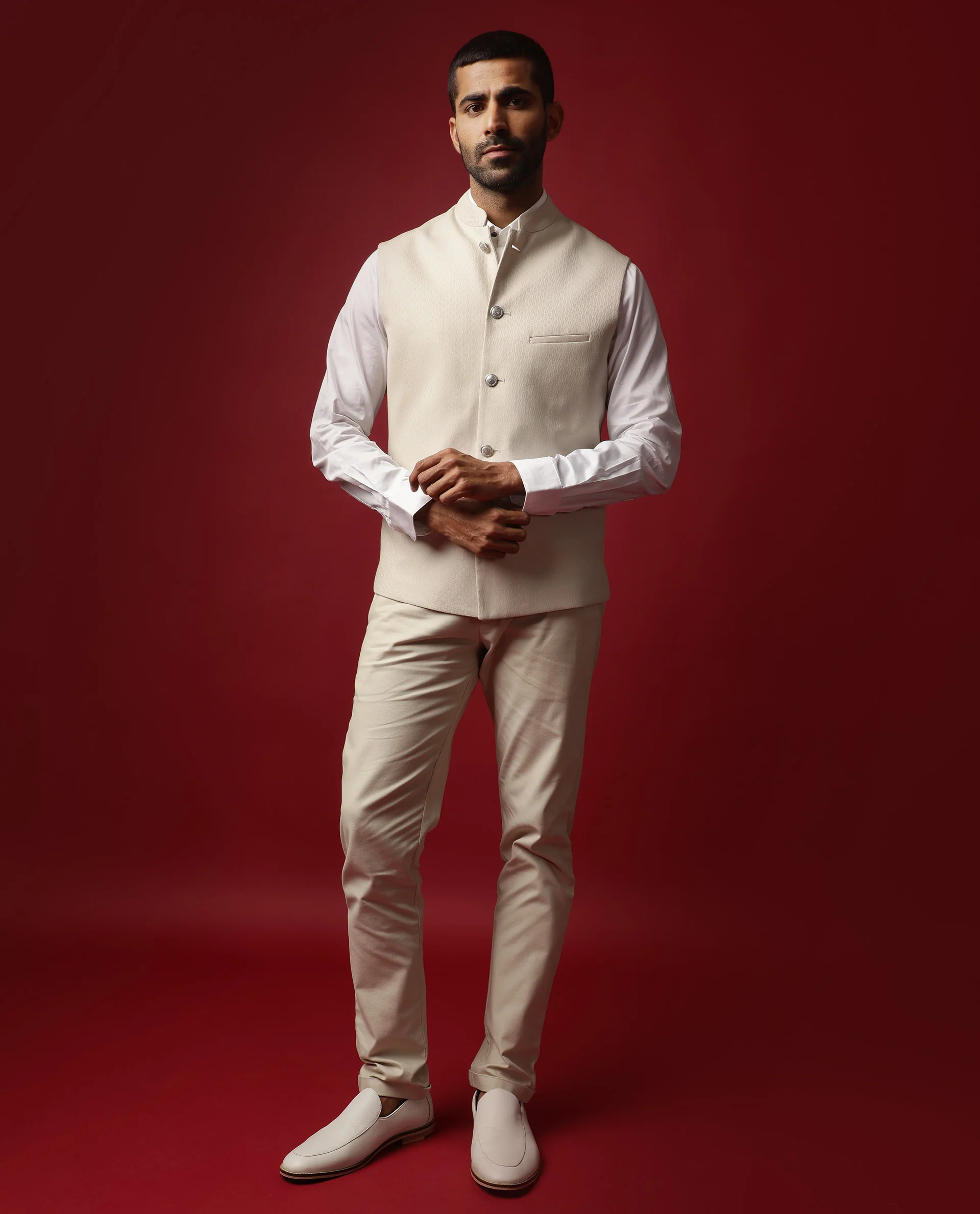 Rare Rabbit Men's Oakla Beige Polyester Jacquard Tailored Fit Sleeveless Mandarin Collar Bandhgala - Image 6