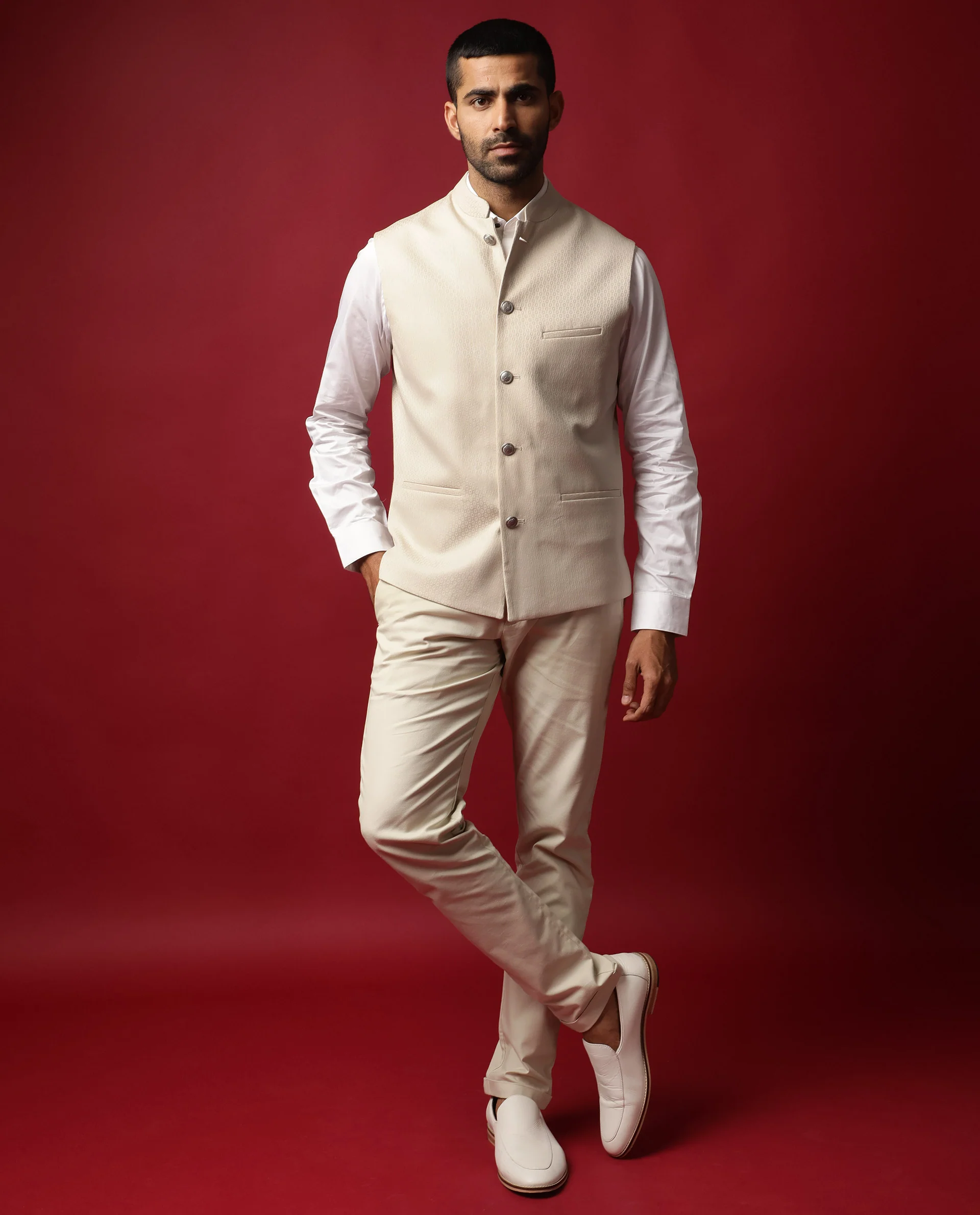Rare Rabbit Men's Oakla Beige Polyester Jacquard Tailored Fit Sleeveless Mandarin Collar Bandhgala - Image 7