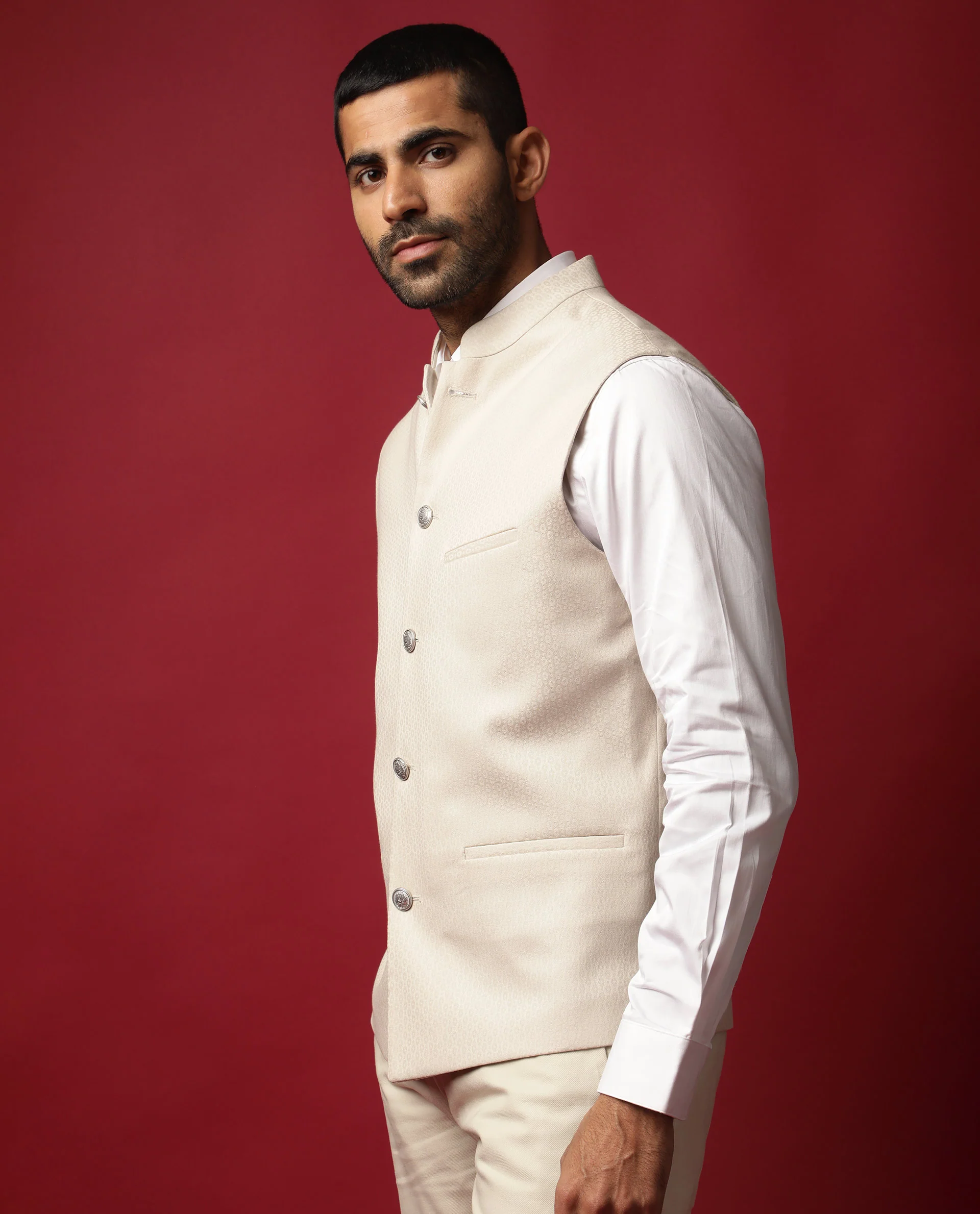 Rare Rabbit Men's Oakla Beige Polyester Jacquard Tailored Fit Sleeveless Mandarin Collar Bandhgala - Image 8