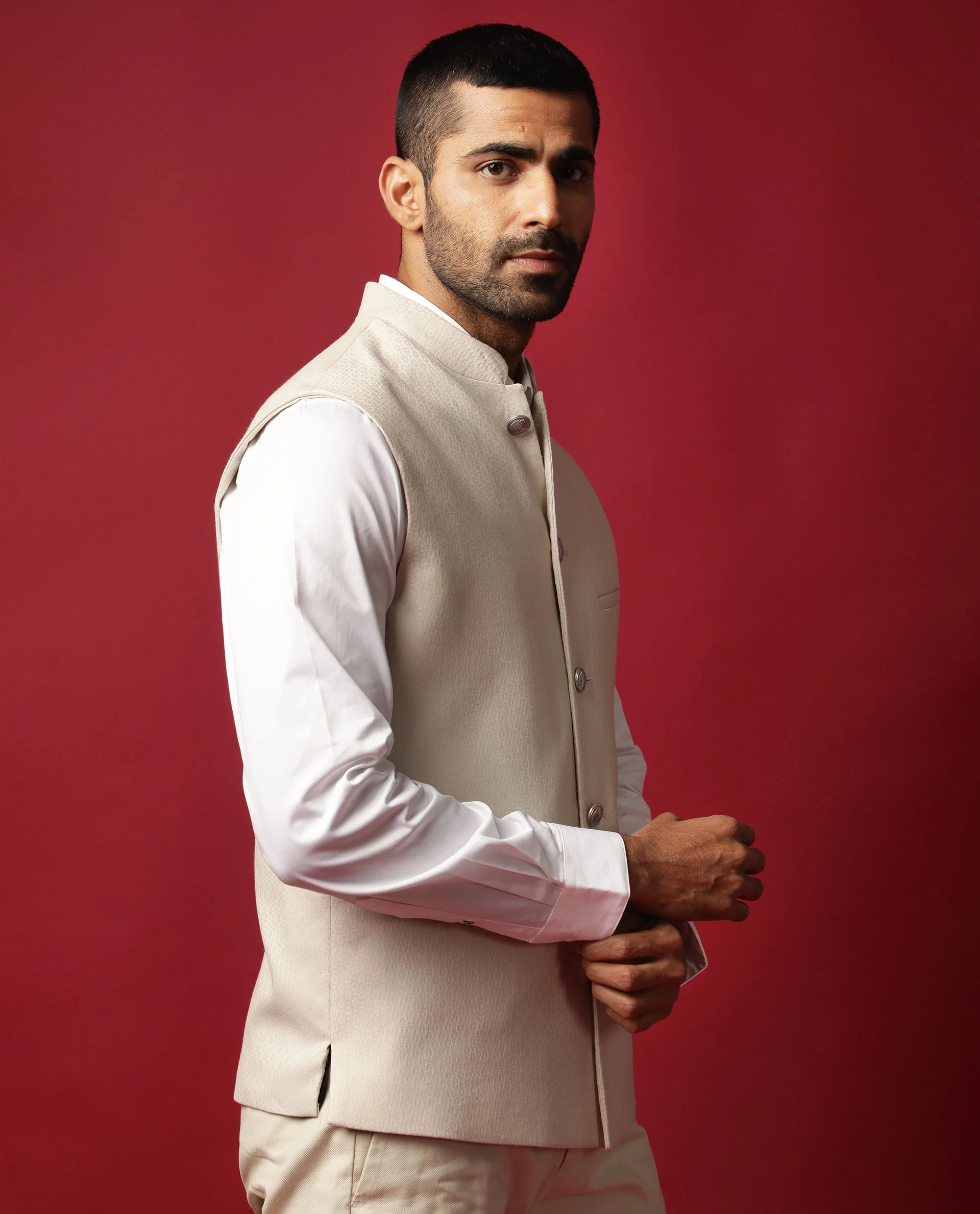 Rare Rabbit Men's Oakla Beige Polyester Jacquard Tailored Fit Sleeveless Mandarin Collar Bandhgala - Image 9