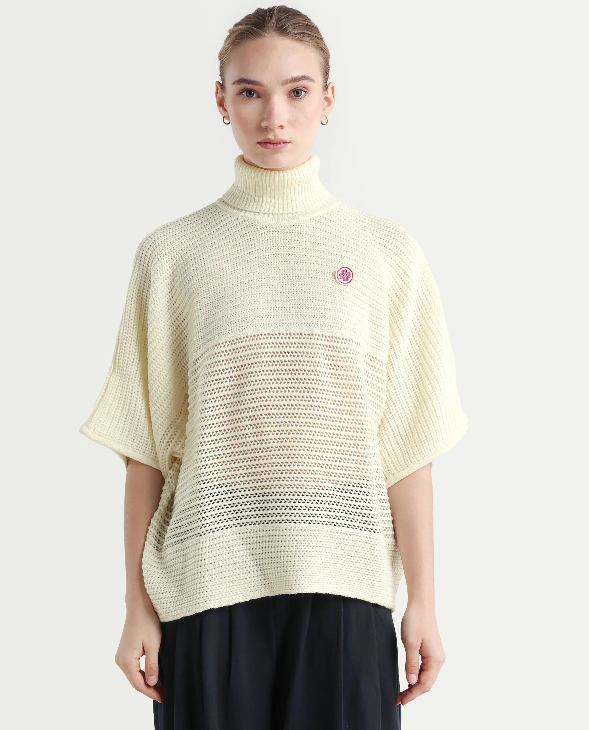 Rareism Women's Oaklen Off White Acrylic High Neck Plain Kimono Sleeve Relaxed Fit Sweater - Image 3
