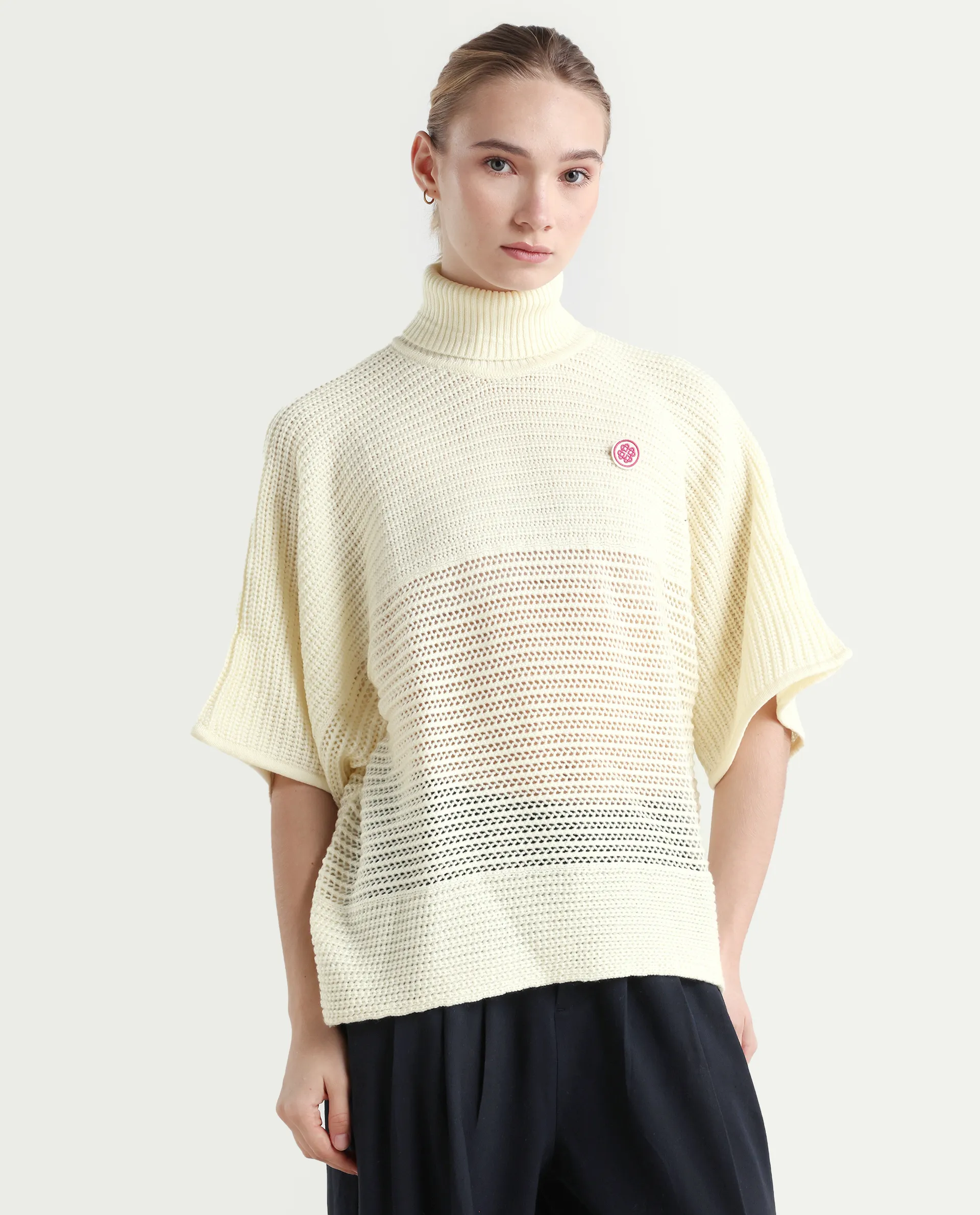 Rareism Women's Oaklen Off White Acrylic High Neck Plain Kimono Sleeve Relaxed Fit Sweater - Image 6