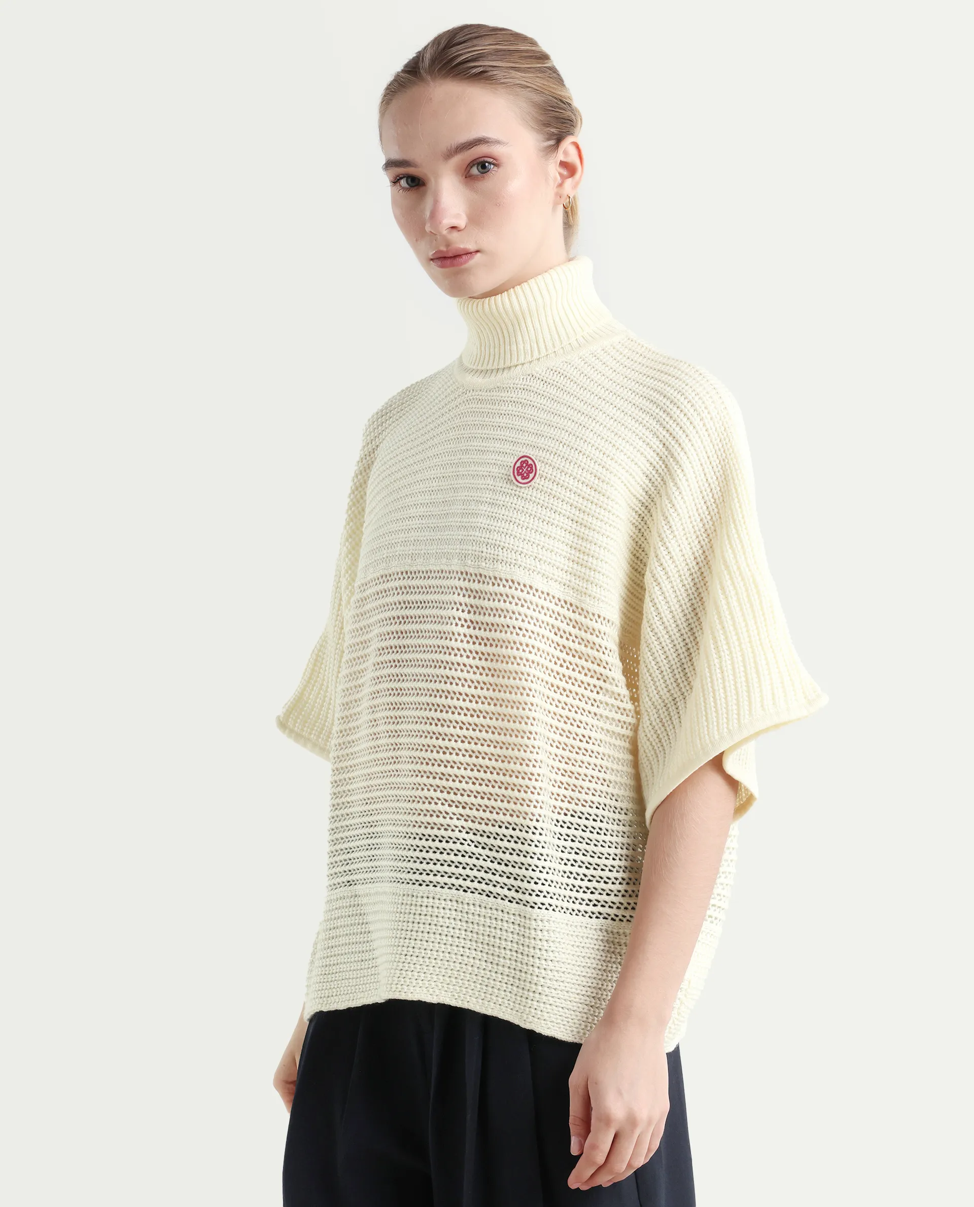 Rareism Women's Oaklen Off White Acrylic High Neck Plain Kimono Sleeve Relaxed Fit Sweater - Image 7