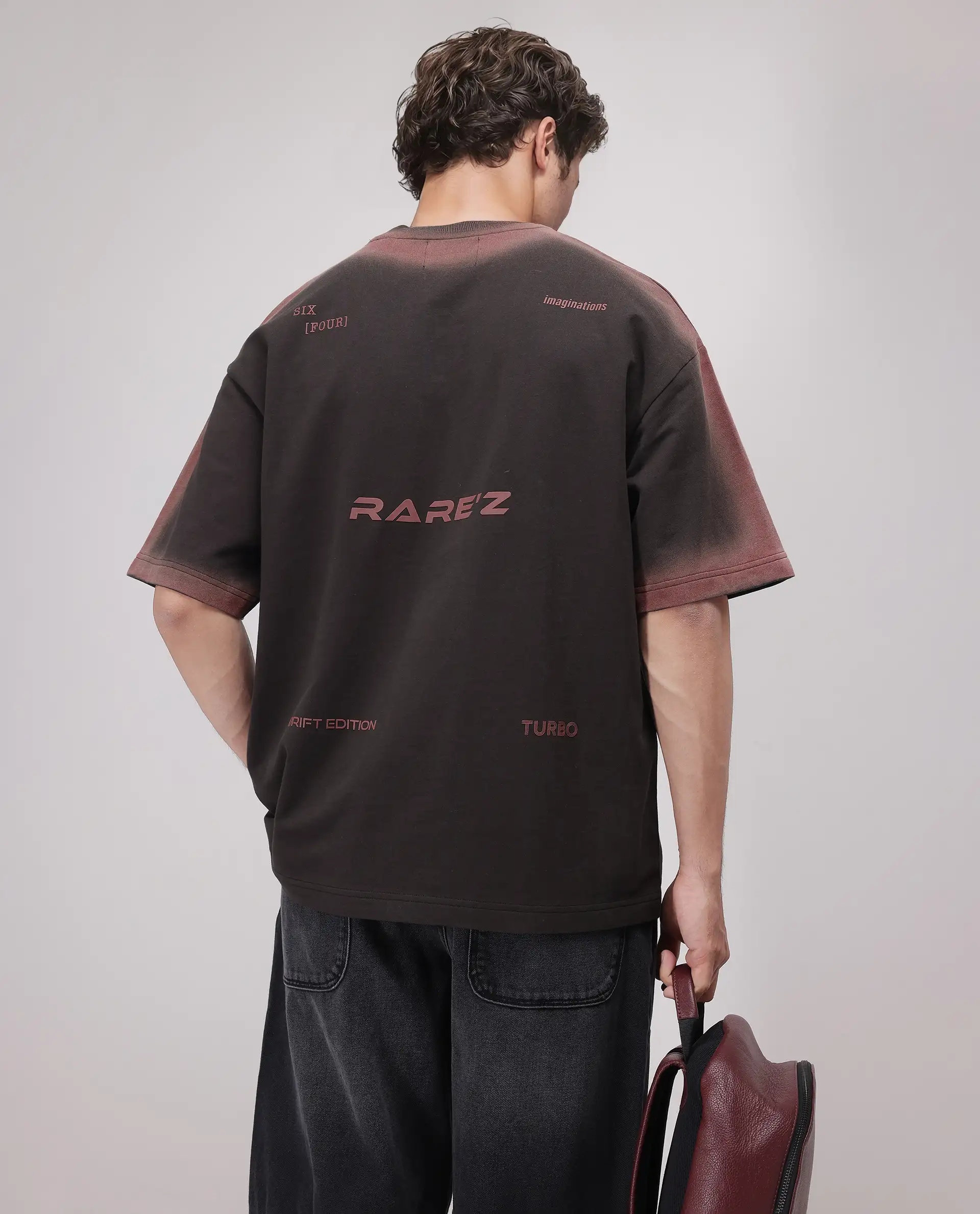 Rare Rabbit Men's Oako Dark Brown Cotton Hd Print Oversized Fit Half Sleeve Crew Neck T-Shirt