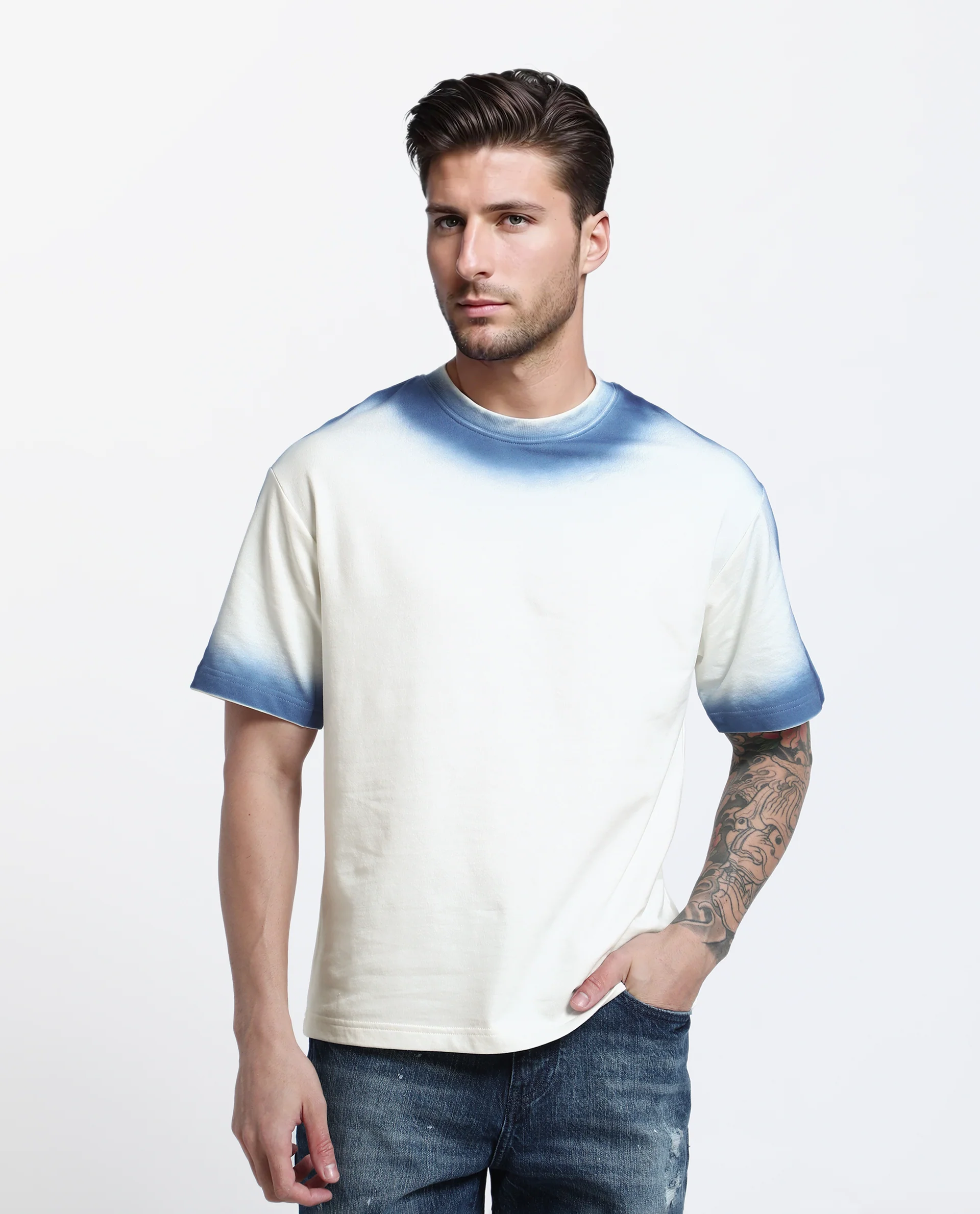 Rare Rabbit Men's Oako Off White Cotton Hd Print Oversized Fit Half Sleeve Crew Neck T-Shirt - Image 3